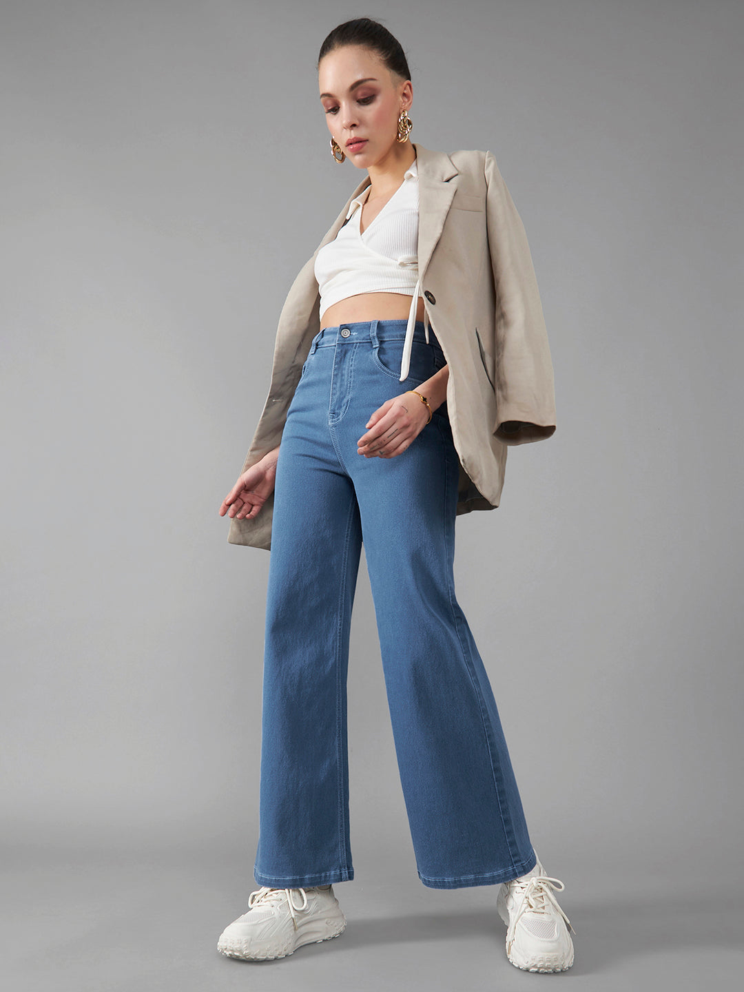 24/7 Comfort Blue Wide-Leg High-Rise Midly-Distressed Stretchable Denim Jeans