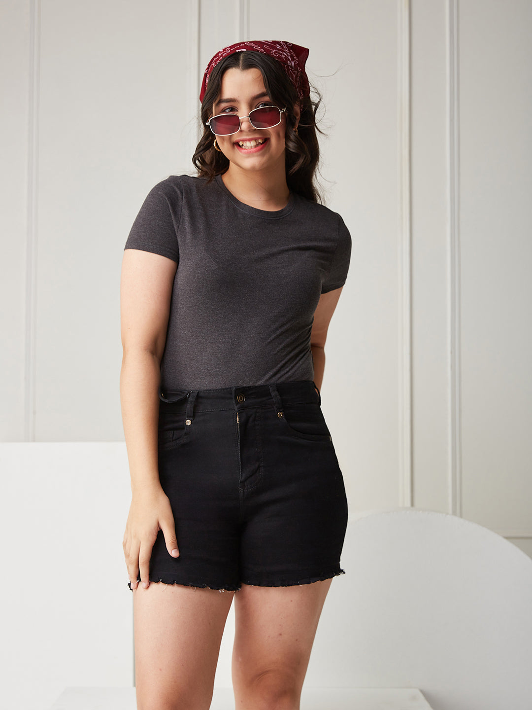Black Relaxed-Fit High-Rise Stretchable Denim Shorts for Girls/Teenagers