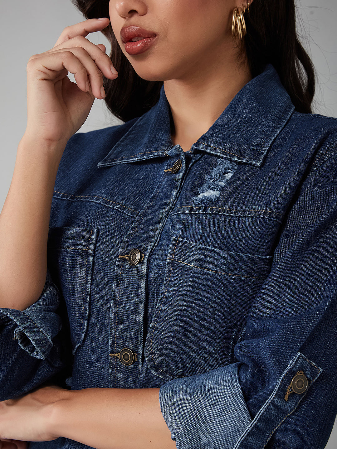 Women's Blue Collared-Neck Full-Sleeve Shirt Dress Styled Knee-Long Denim Jacket