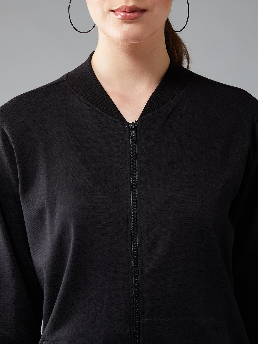 Women's Black Collared Full Sleeves Solid Bomber Regular Length Jacket