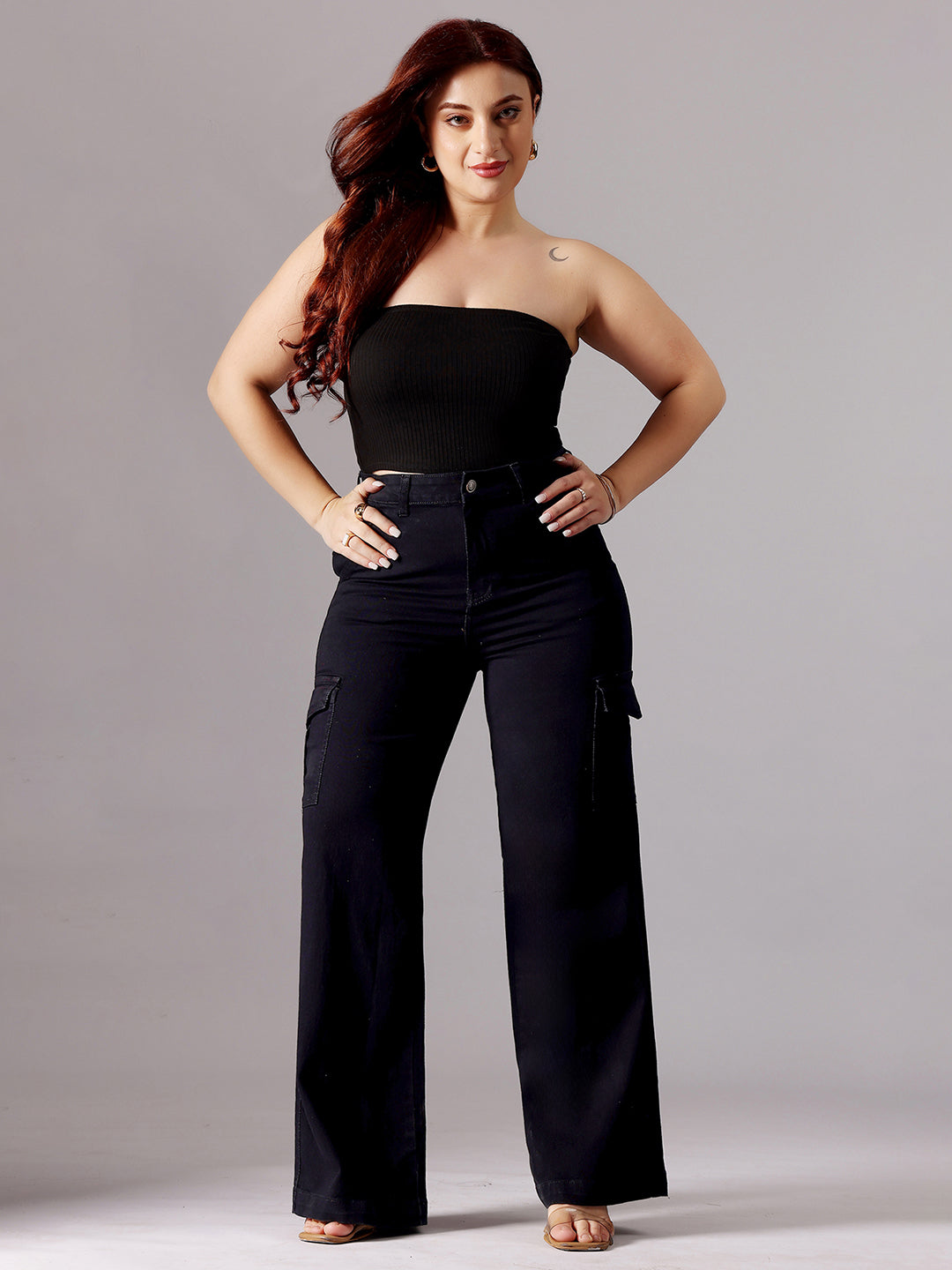 24/7 Comfort Black Wide-Leg High-Rise Clean-Look Regular-Length Stretchable Denim Jeans