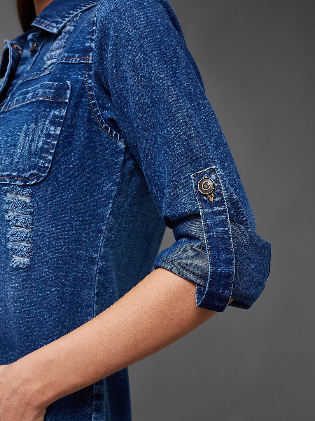 Women's Navy Blue Solid Polo Neck Full Sleeves Patch Pocket Denim Overcoat Knee-Length Jacket