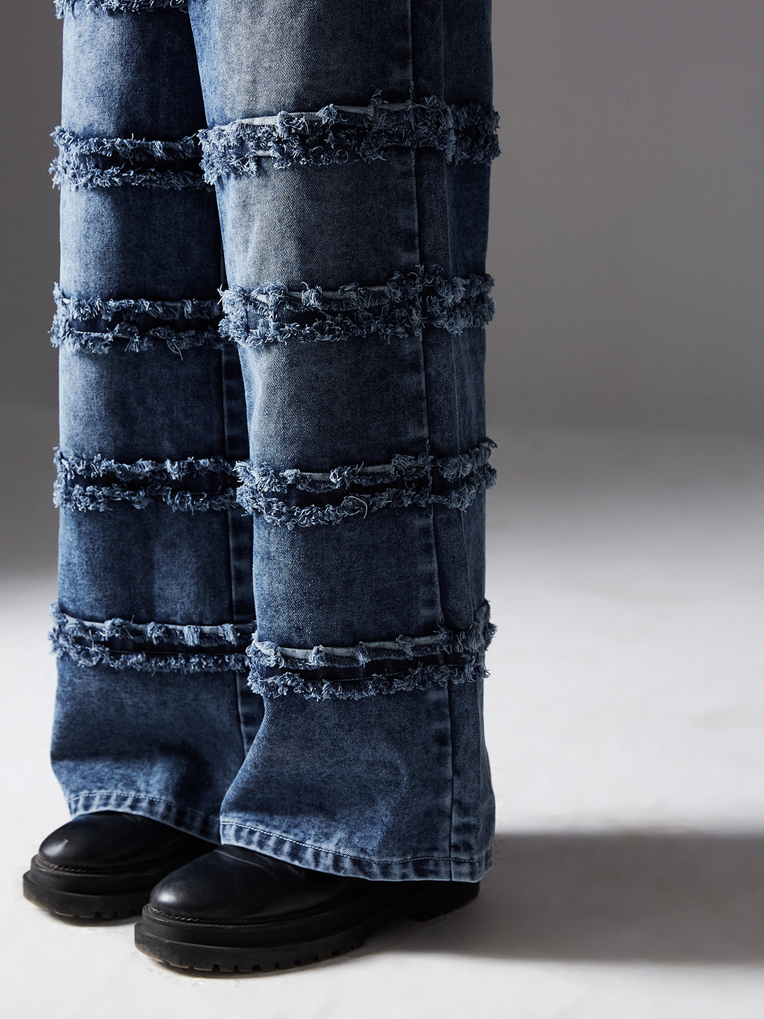 Women's Navy-Blue Wide-Leg High-Rise Highly-Distressed Regular-Length Denim Jeans