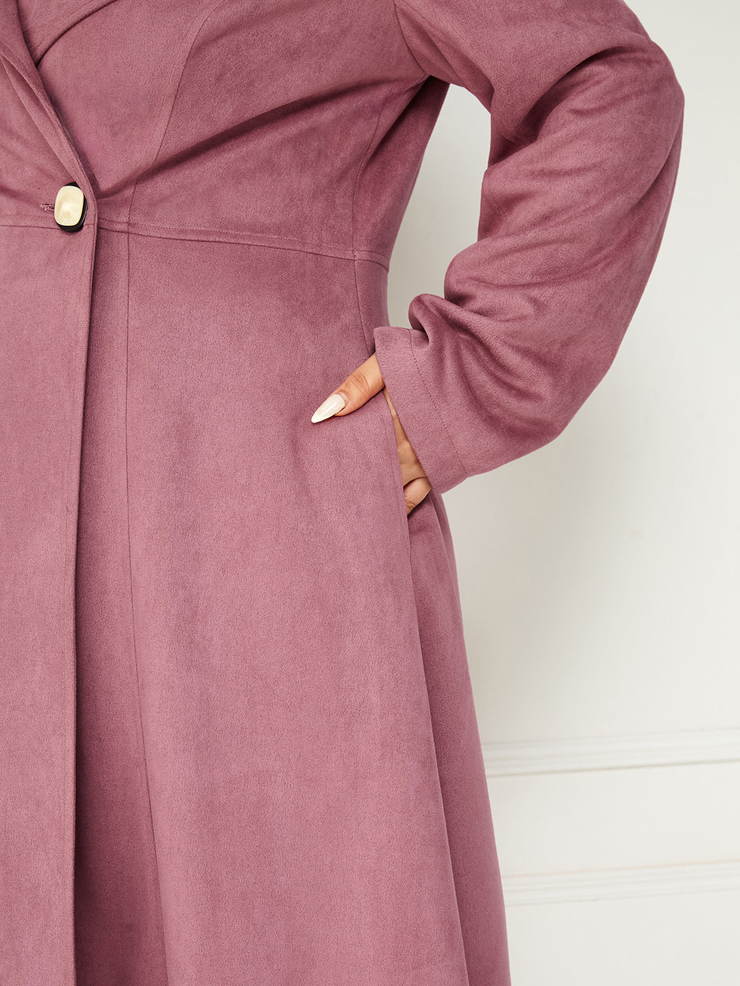 Body Bliss Mauve Solid Double Breasted Longline Jacket for Women
