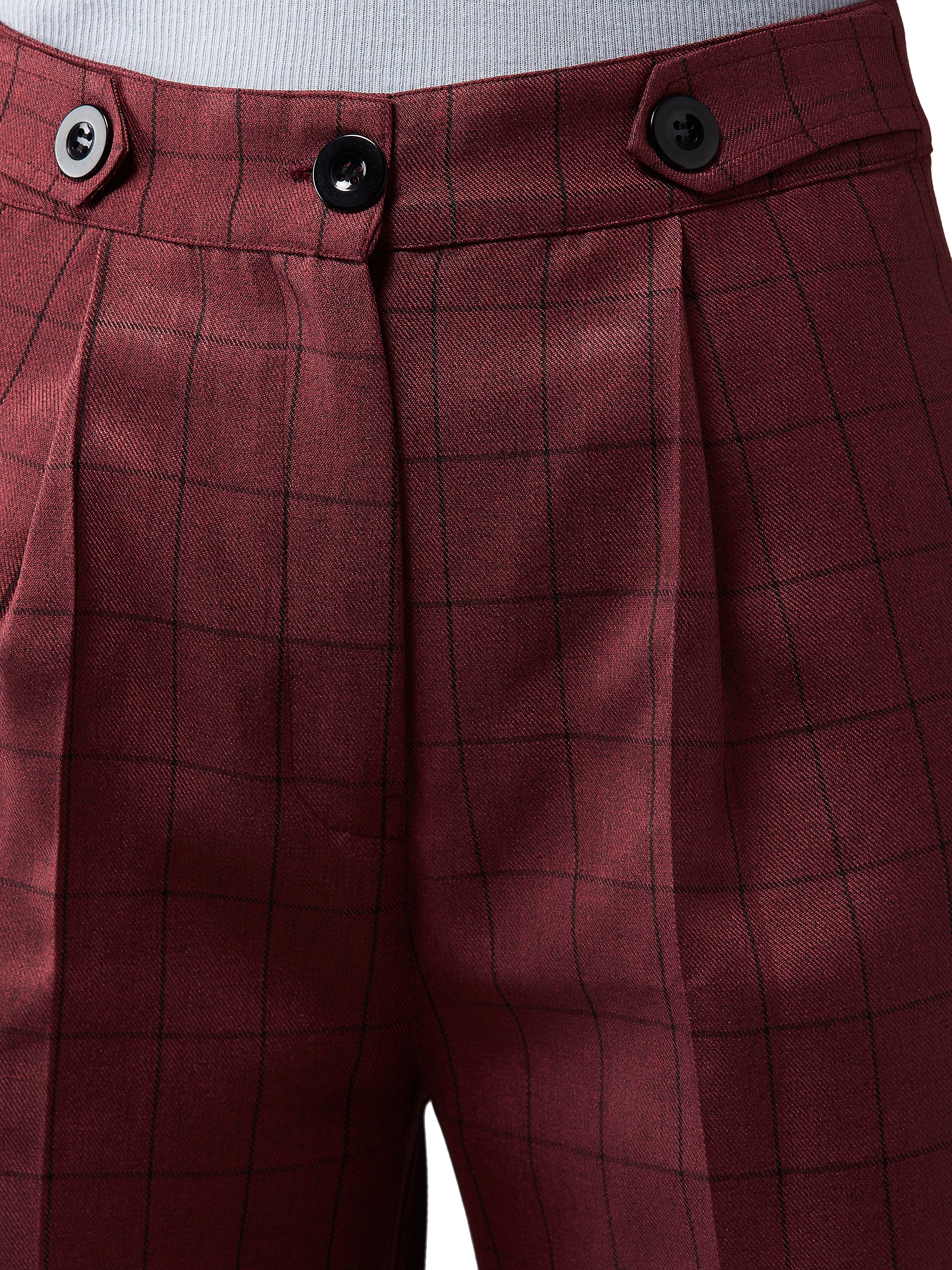 Women's Maroon Checkered Pleated Regular Length Trouser