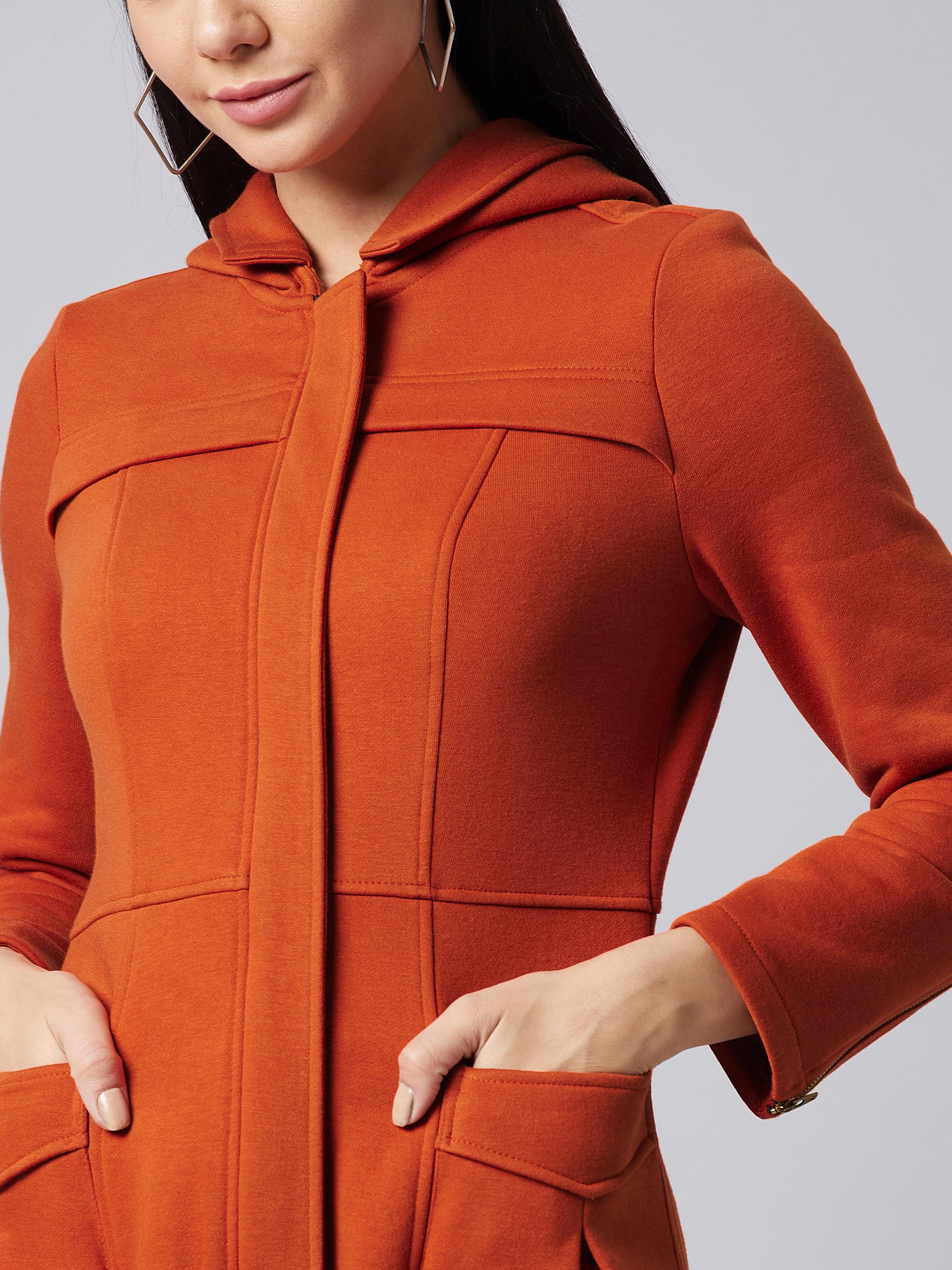 Women's Rust Hooded Full Sleeve Solid Hooded Longline Jacket