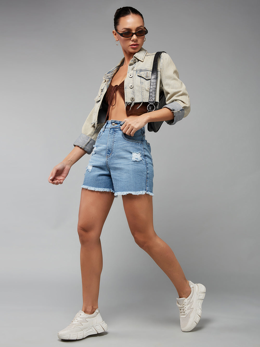 Light-Blue Relaxed Fit Mid-Rise Highly Distressed Regular Denim Shorts for Women