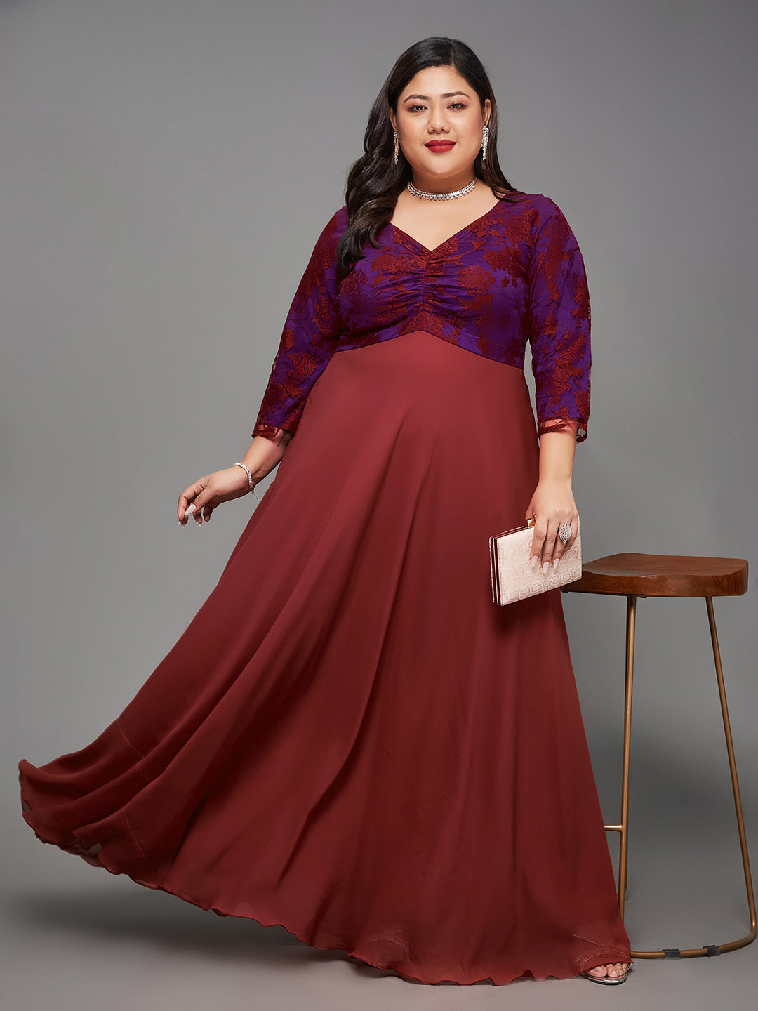 Brick Red Long Sleeves Lace Empire Maxi Dress Long Dress Gown Frock for Women | Birthday Dresses