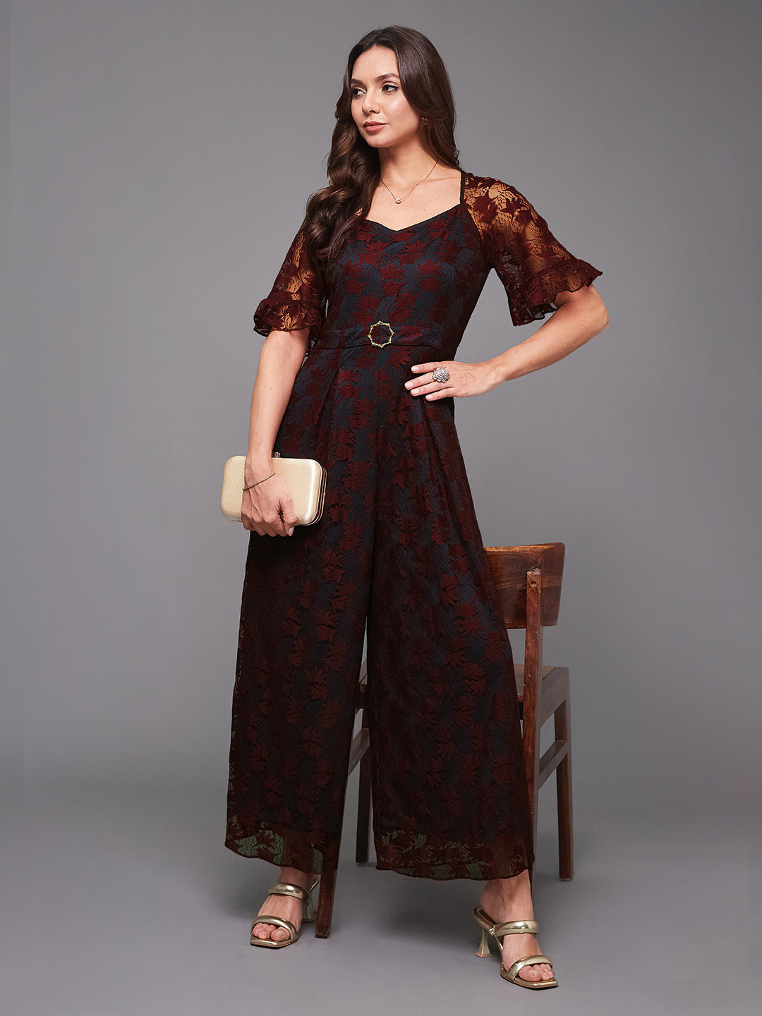 Women's Wine & Teal V-neck Half Sleeve Self-Designed Lace Overlaid Jumpsuit