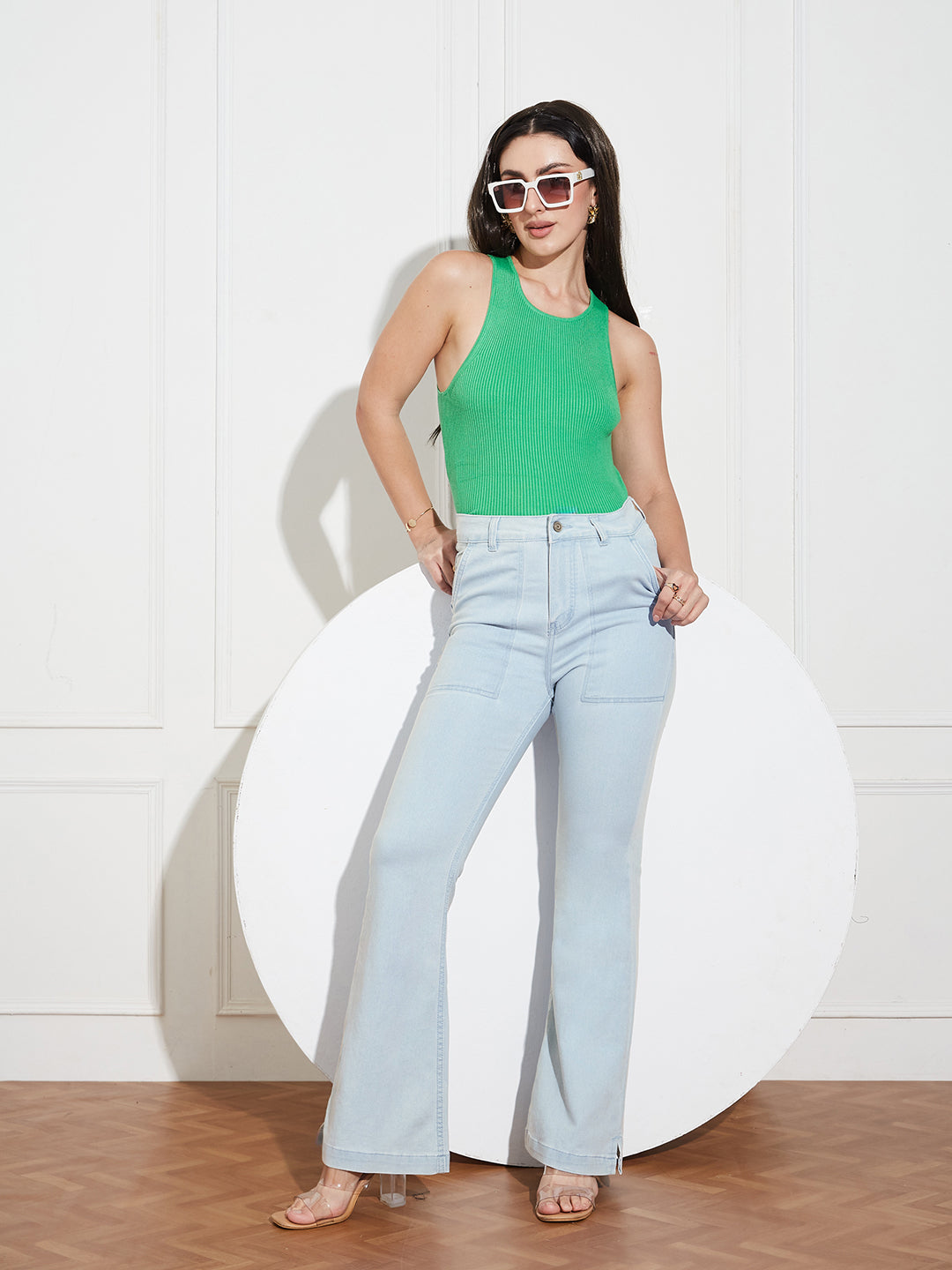 Women's Light Blue Bootcut High rise Clean look Regular Stretchable Denim Jeans