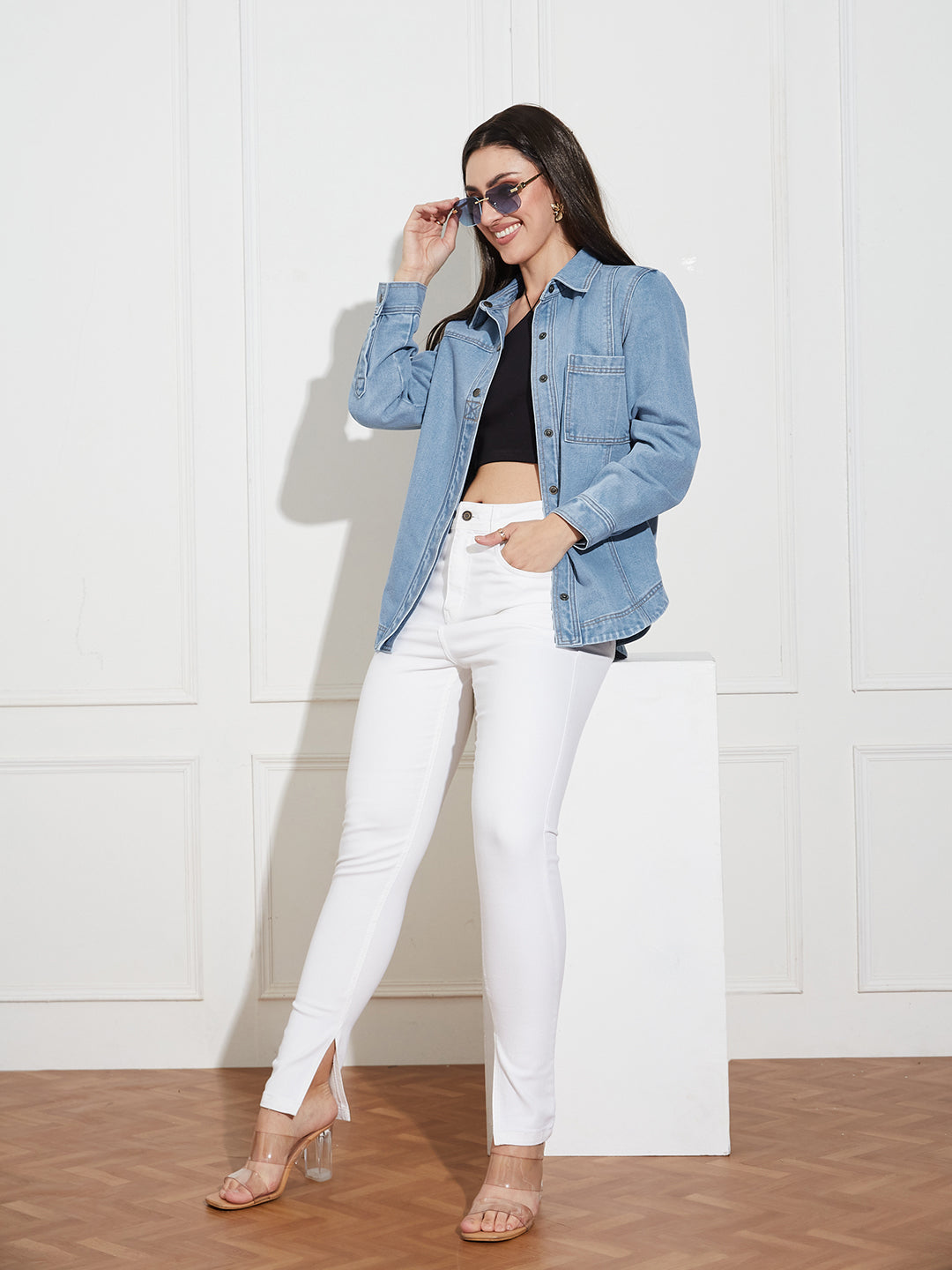 Women’s Light Blue Asymmetric Denim Shirt – Full Sleeves, Relaxed Fit, Collared