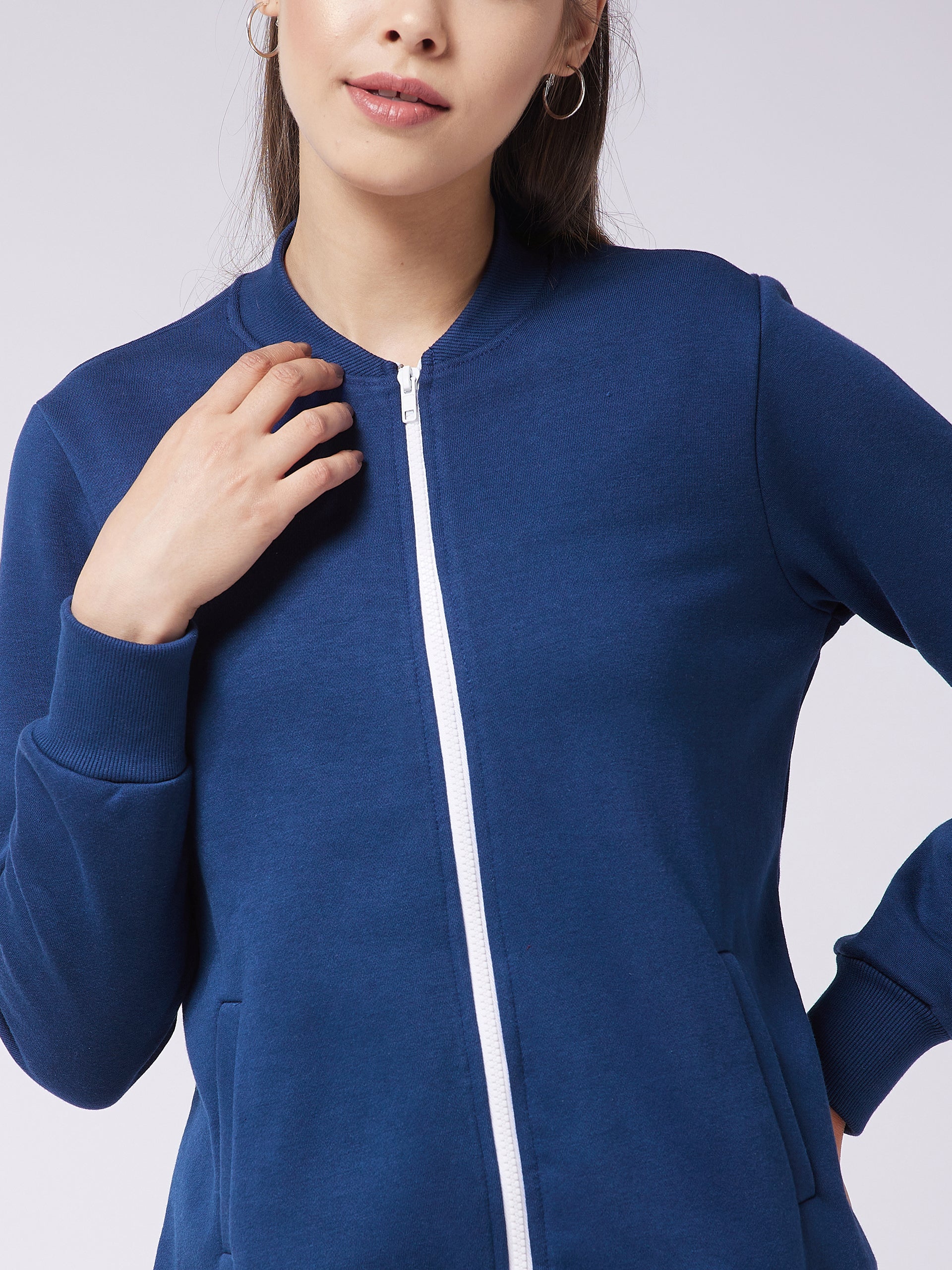 Women's Navy-Blue Round Neck Full Sleeve Solid Bomber Regular Jacket