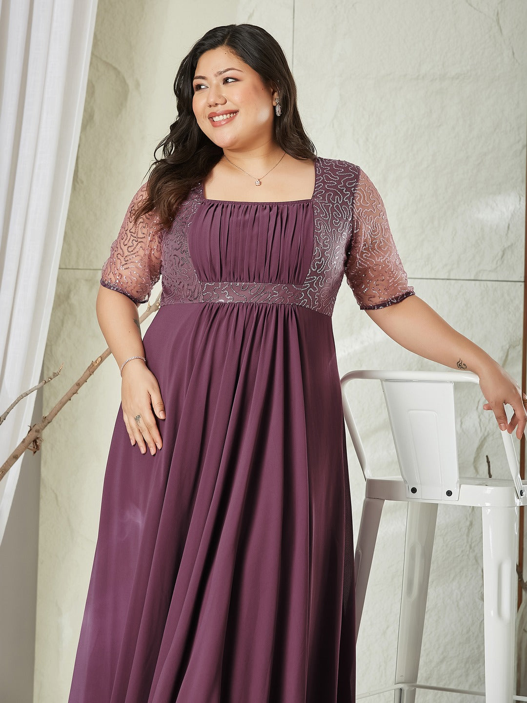 Mauve Square Neck Half Sleeve Solid Embellished Maxi Dress for Women