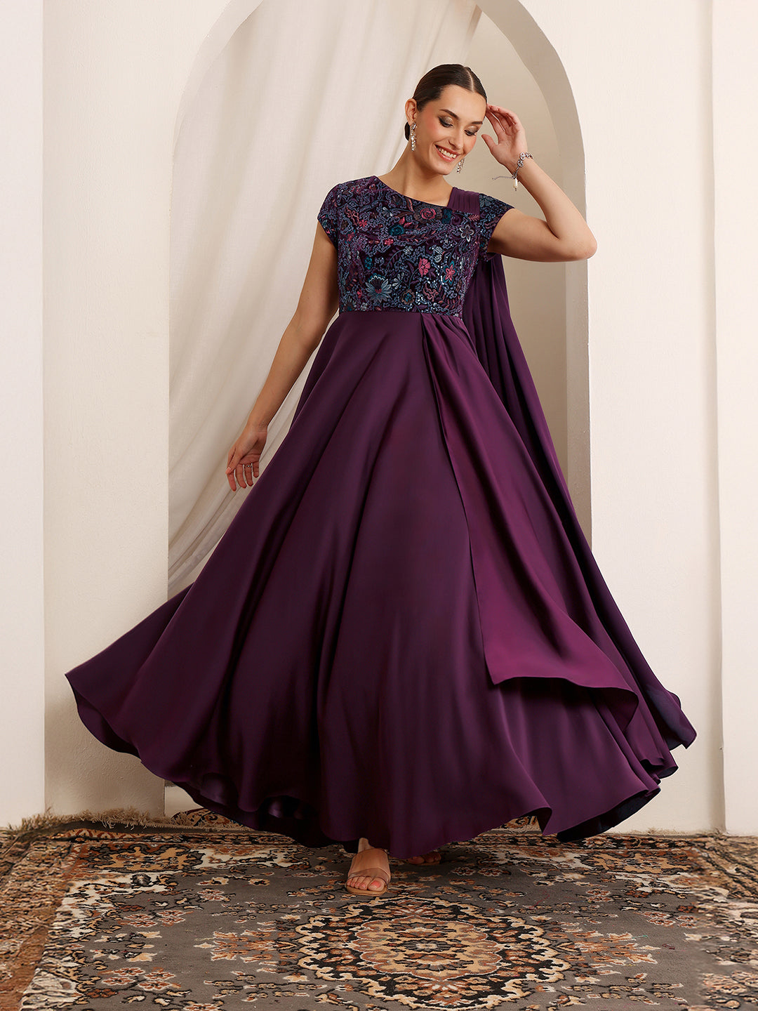 Women's Purple Asymmetric Short Sleeve Embroidered Draped Satin Maxi Dress
