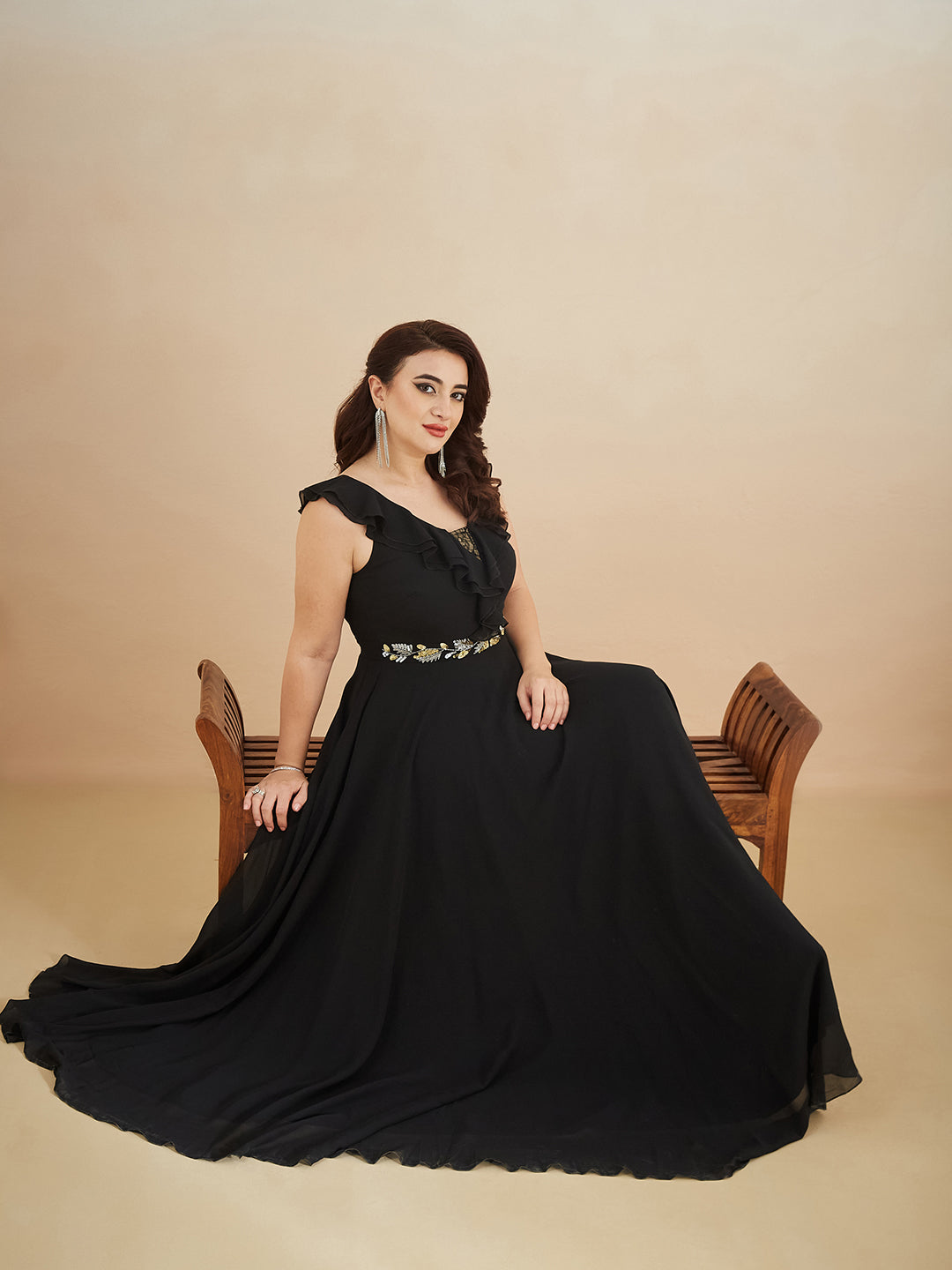 Black Sleeveless Embroidered Ruffled Georgette Maxi Dress for Women