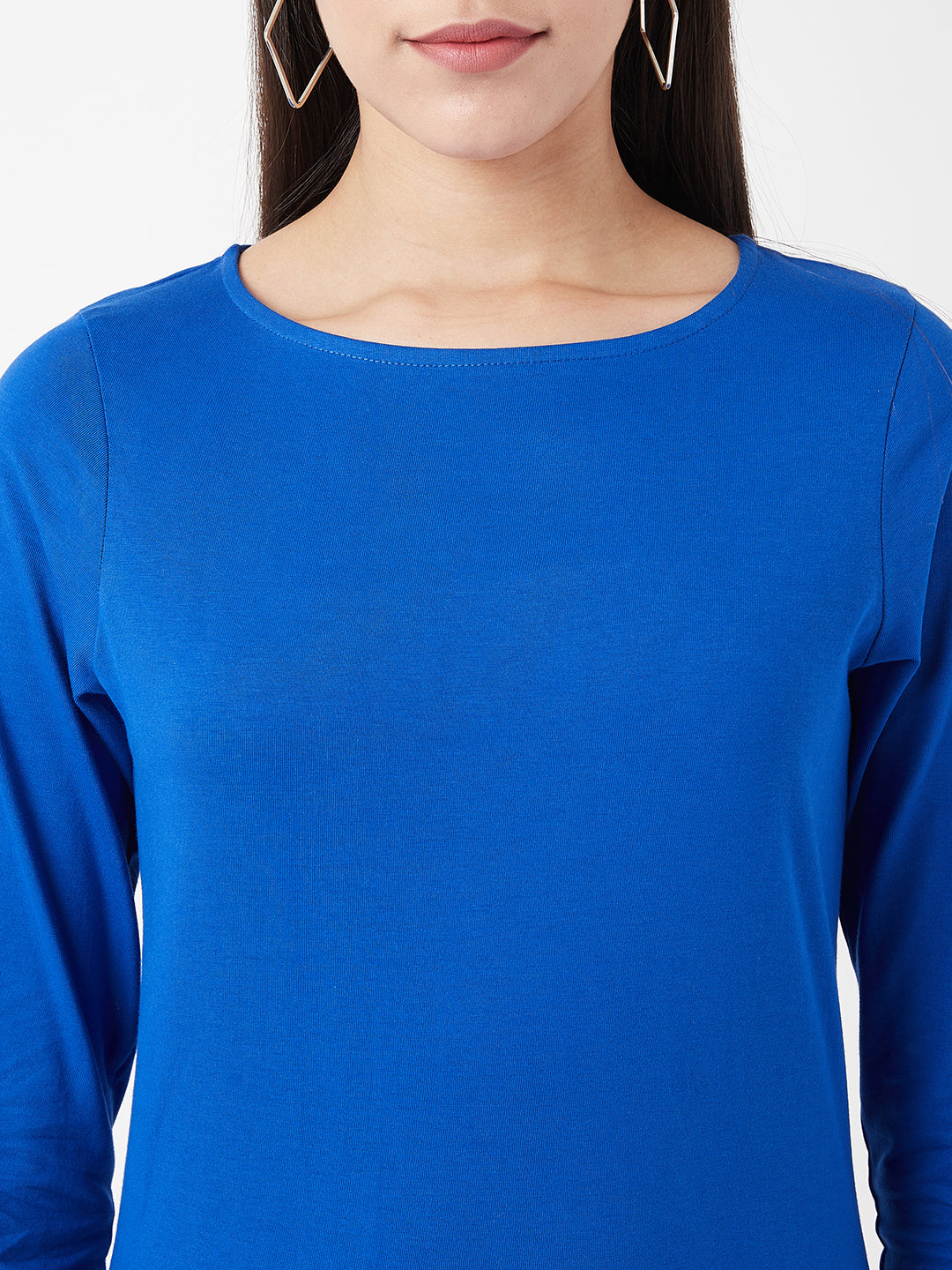 Women's Cobalt Blue Round Neck 3/4 Sleeves Solid Zippered Top
