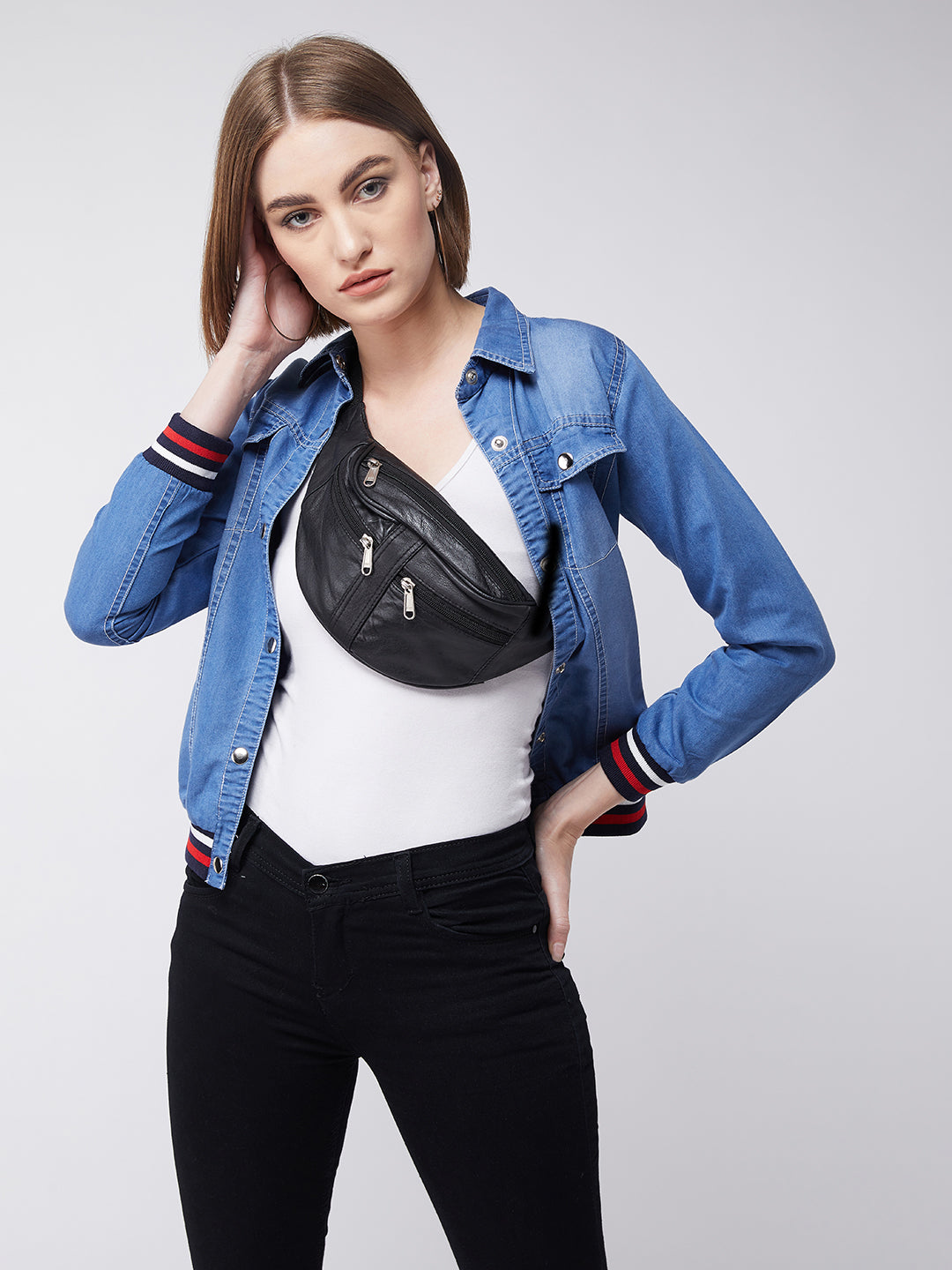 Women's Blue Polo Neck Full Sleeves Solid Buttoned Rib Detailing Denim Bomber Jacket