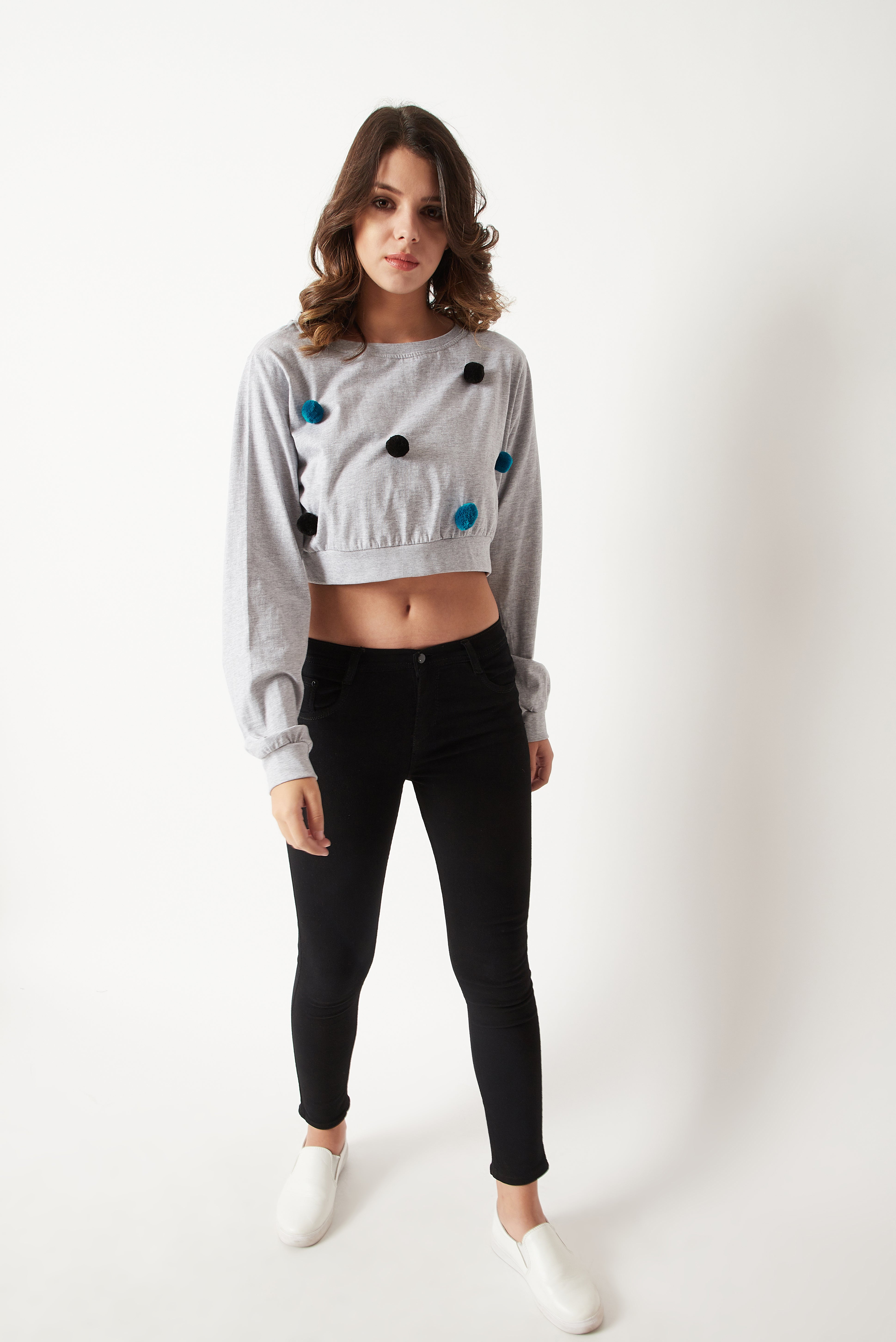 Women's Grey Round Neck Full Sleeve Cotton Solid Boxy Pompom Detailing Crop Top