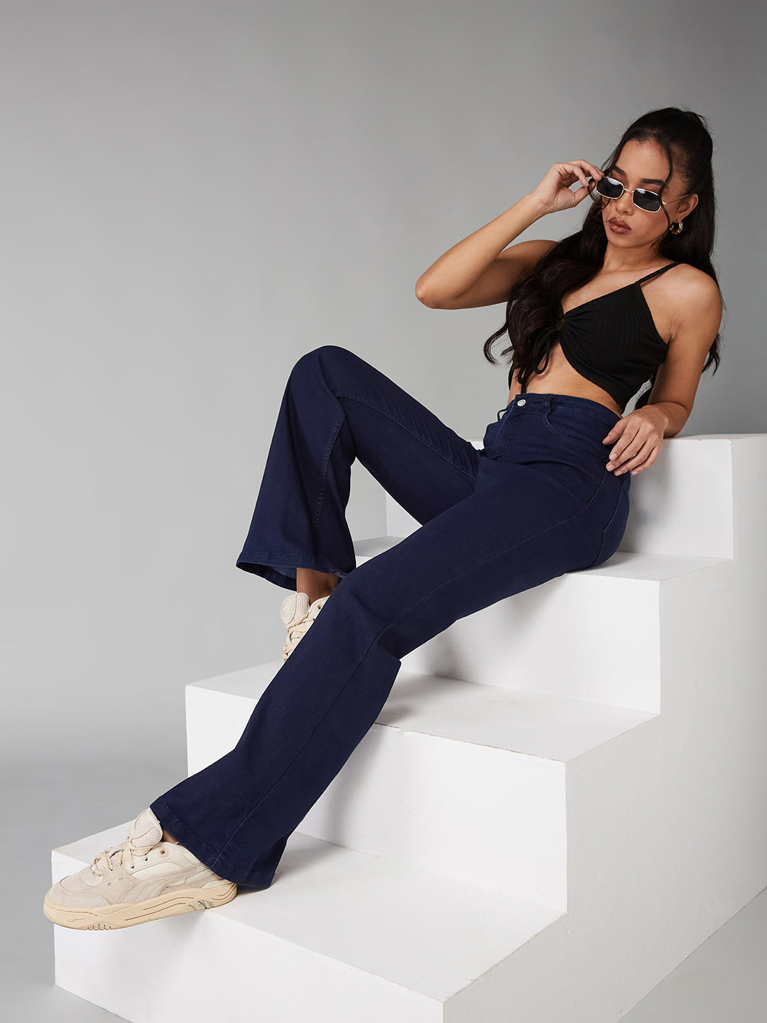 24/7 Comfort Navy-Blue Bootcut High-Rise Stretchable Denim Jeans