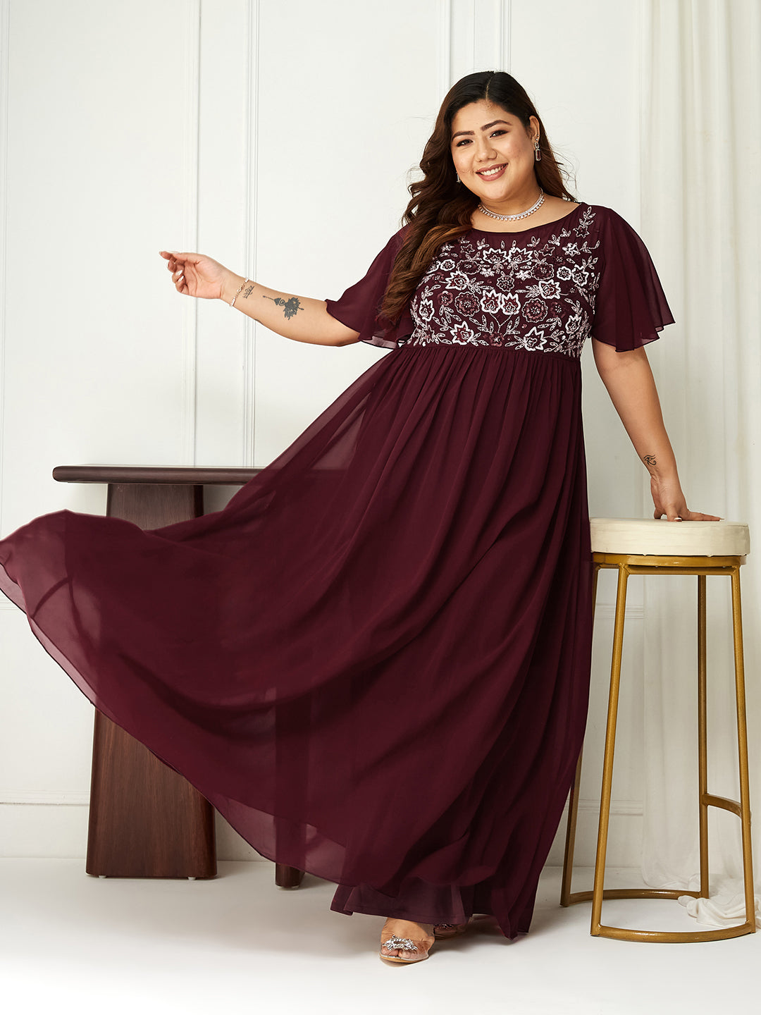 Body Bliss Wine Embellished Georgette Maxi Dress