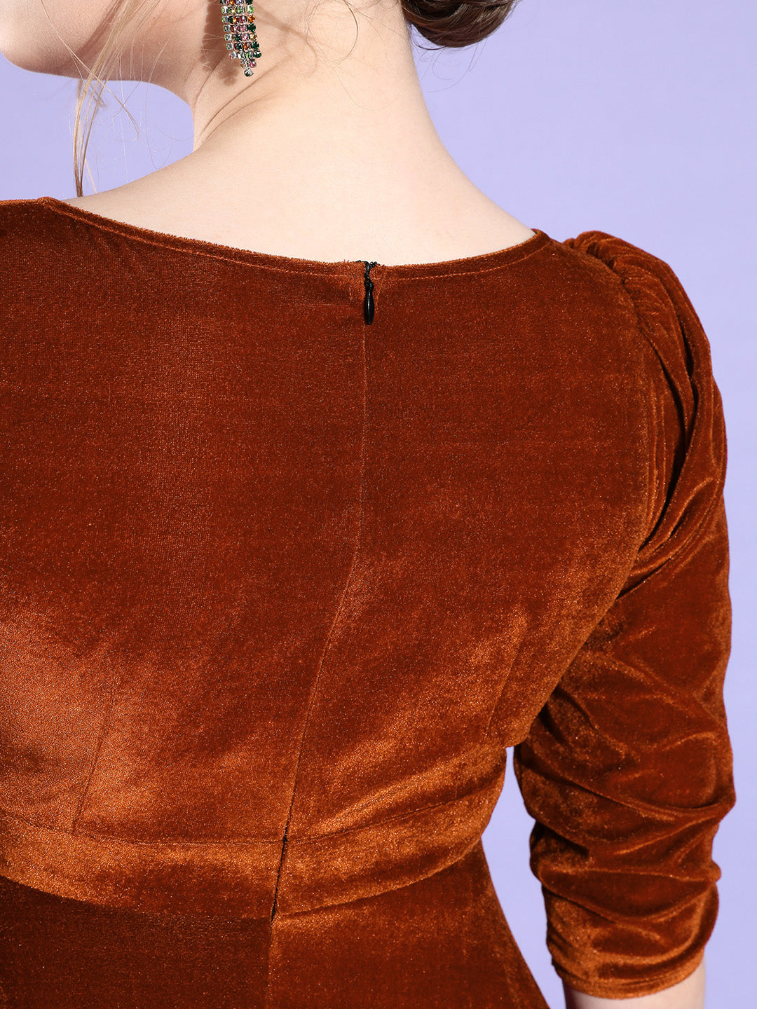 Rust V-Neck Three-Quarter Sleeve Solid Fit & Flare Midi Velvet Dress for Women — Miss Chase