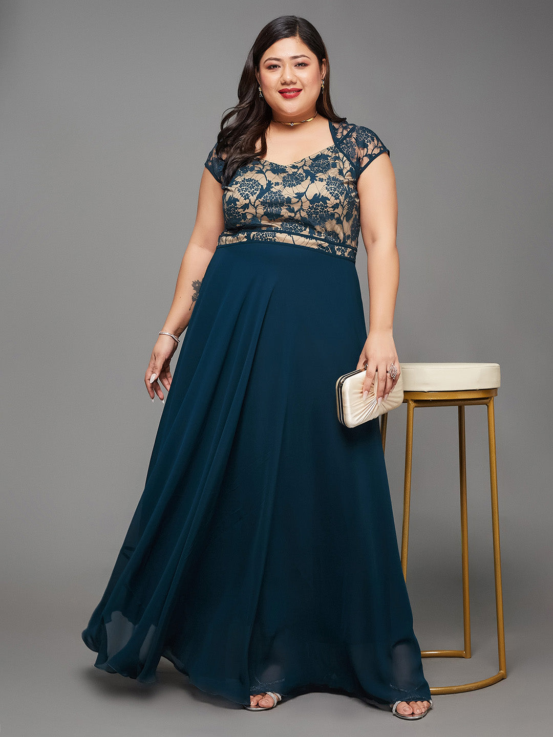 Teal Floral V - Neck Cap Short Sleeves Lace Overlaid Fit & Flare Paneled Maxi Dress for Women
