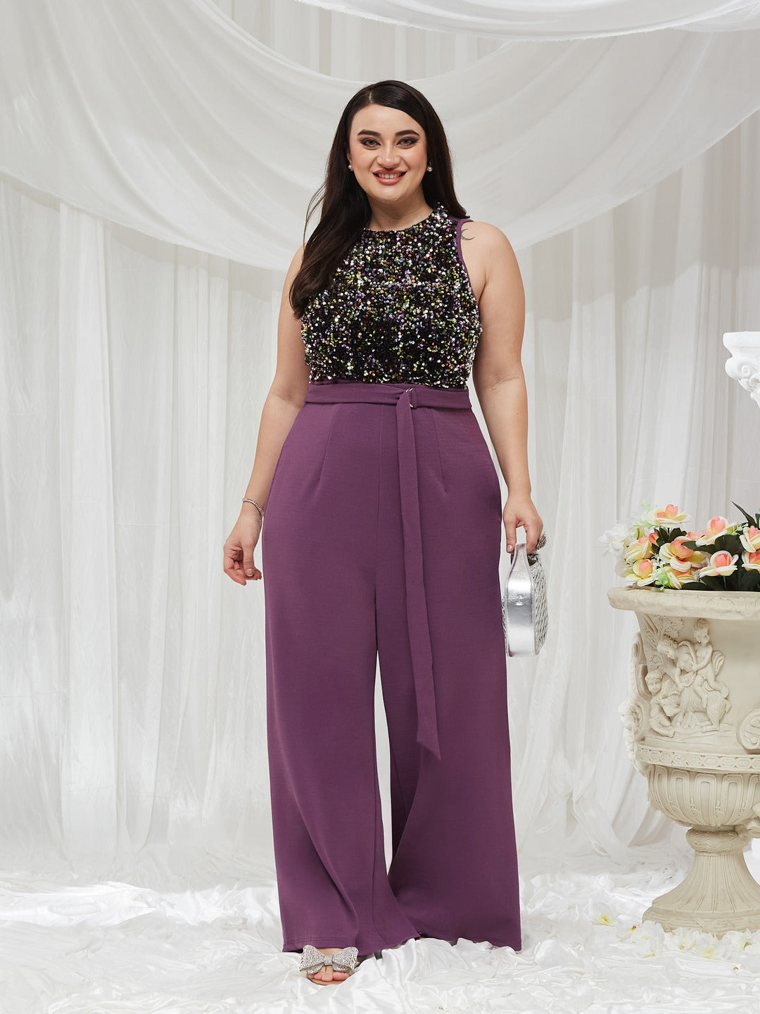 Lavender Halter Neck Sleeveless Embellished Regular-Length Jumpsuit for Women — Miss Chase A+