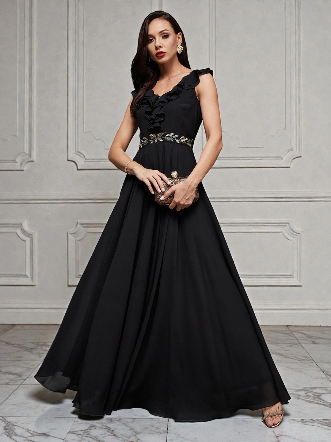 Women's Black Sleeveless Embroidered Ruffled Georgette Maxi Dress