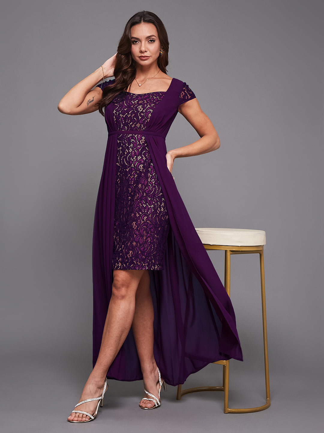Women's Dark Purple Sweet-Heart Neck Cap Sleeve Self-Designed Pleated Georgette Maxi Dress