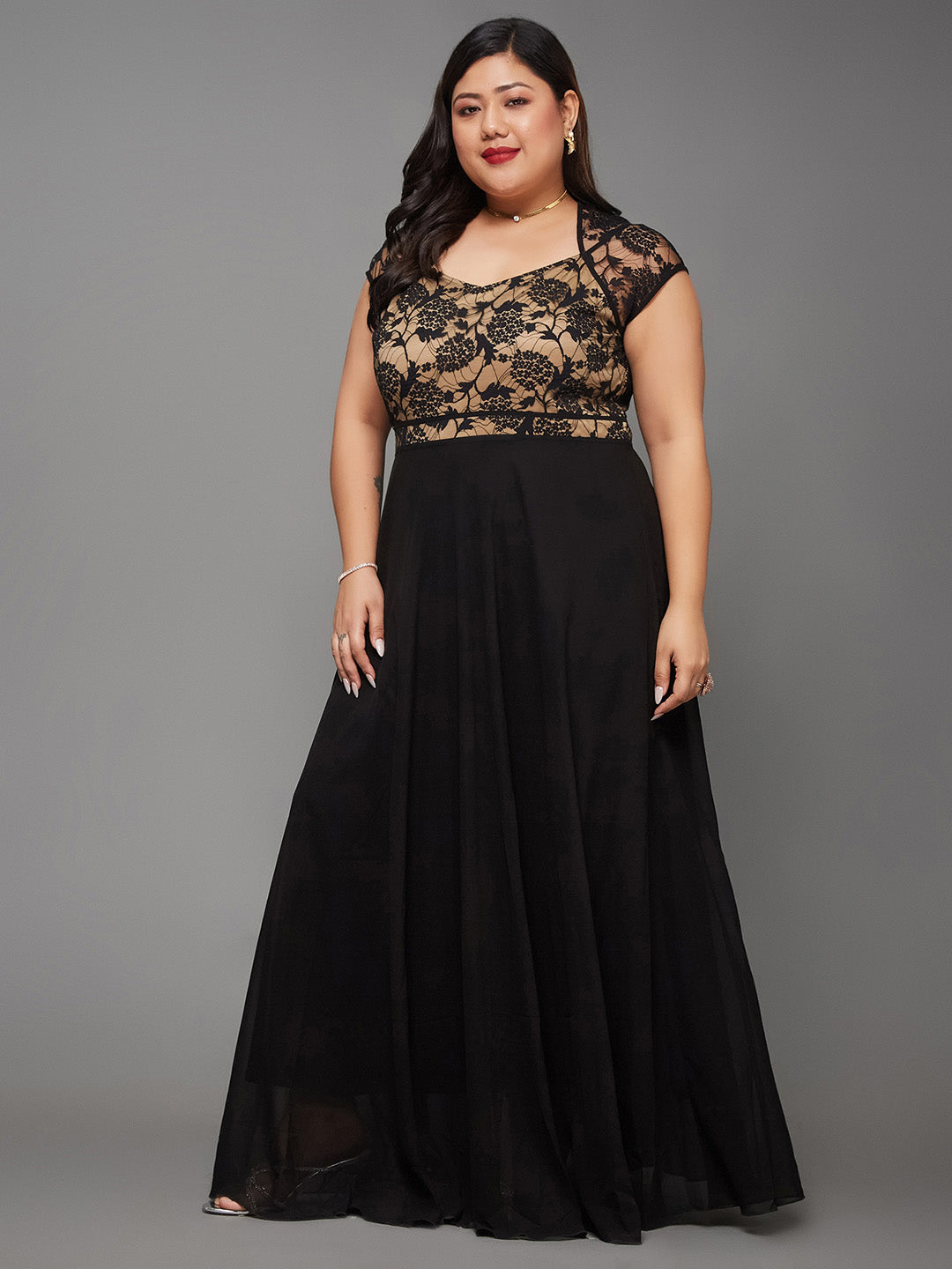 Black Floral V - Neck Cap Short Sleeves Lace Overlaid Fit & Flare Paneled Maxi Dress for Women