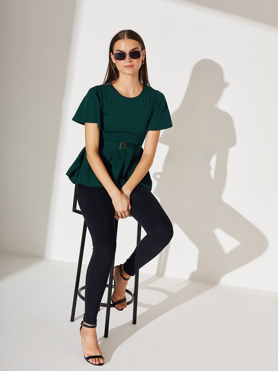 Green Solid Polyester Slim Fit Round Neck Short Sleeve Regular Length Top for Women — Miss Chase