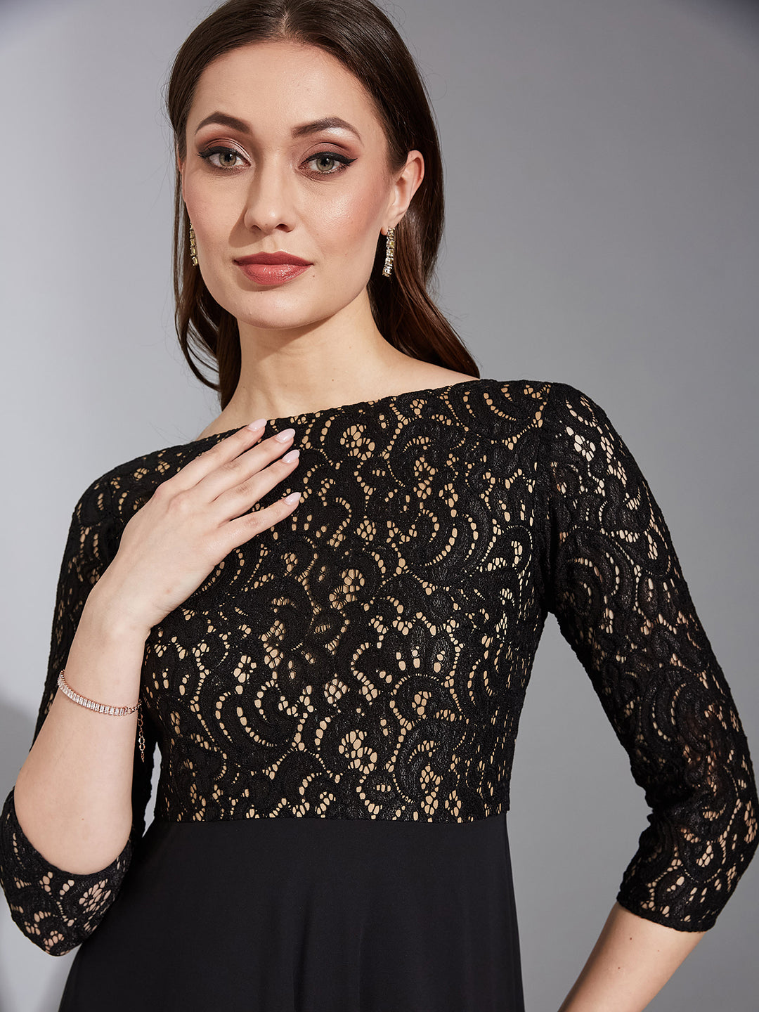 Women's Black Self Design Boat Neck 3/4 Sleeves Side Pocketed Georgette Fit and Flare Maxi Length Dress
