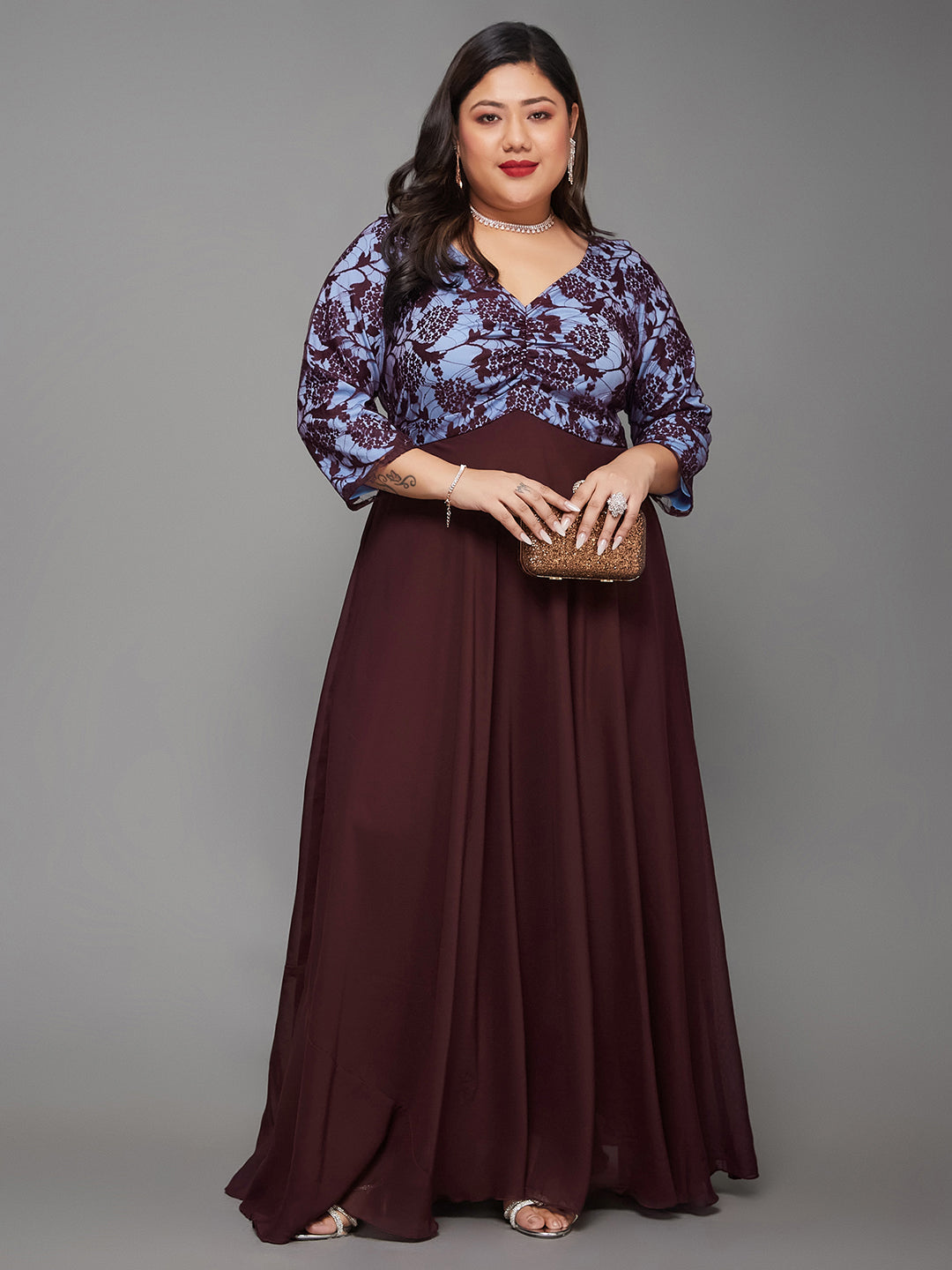 Wine Sweet heart neck 3/4 Sleeve Self Design Fit & Flare Maxi Dress for Women