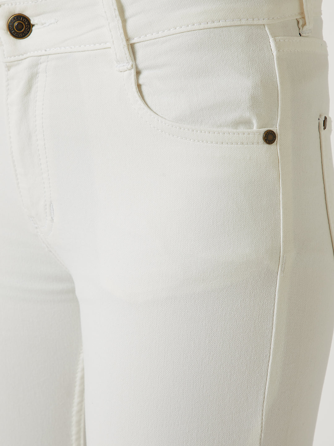 Women's White Skinny Mid-Rise Knee-Slit Stretchable Denim Jeans