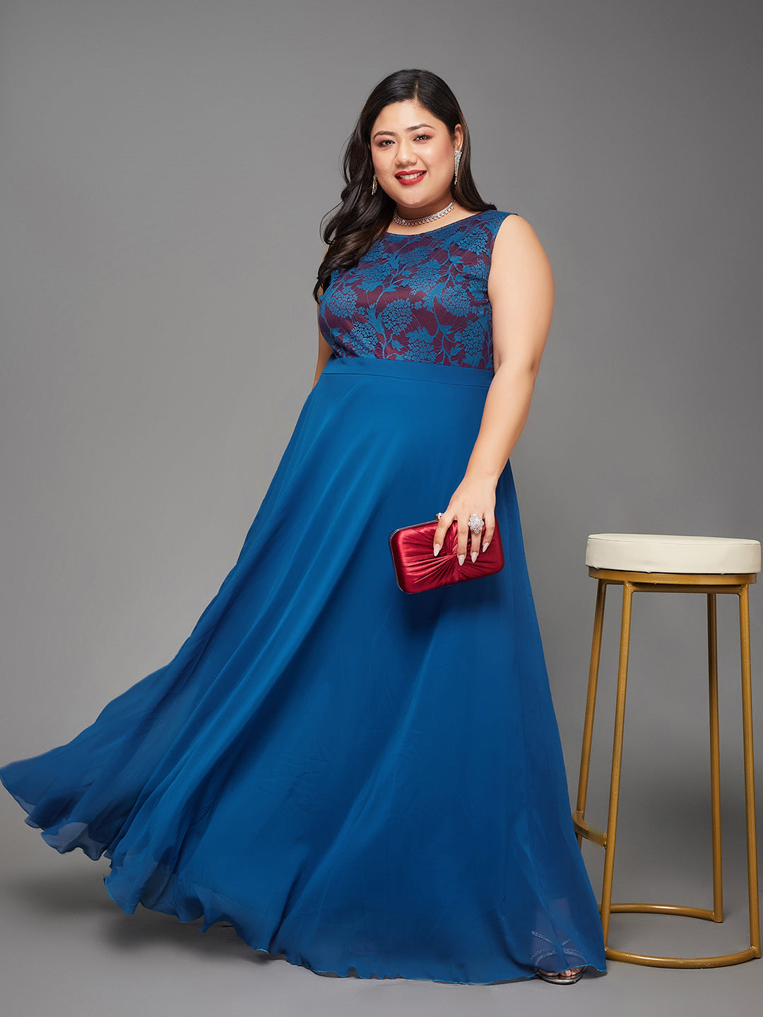 Royal Blue Sleeveless Fit and Flare Lace Dress for Women