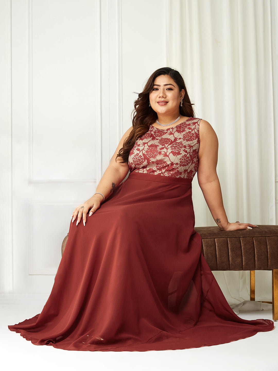 Brick Red & Dusty Green Sleeveless Fit and Flare Lace Dress for Women