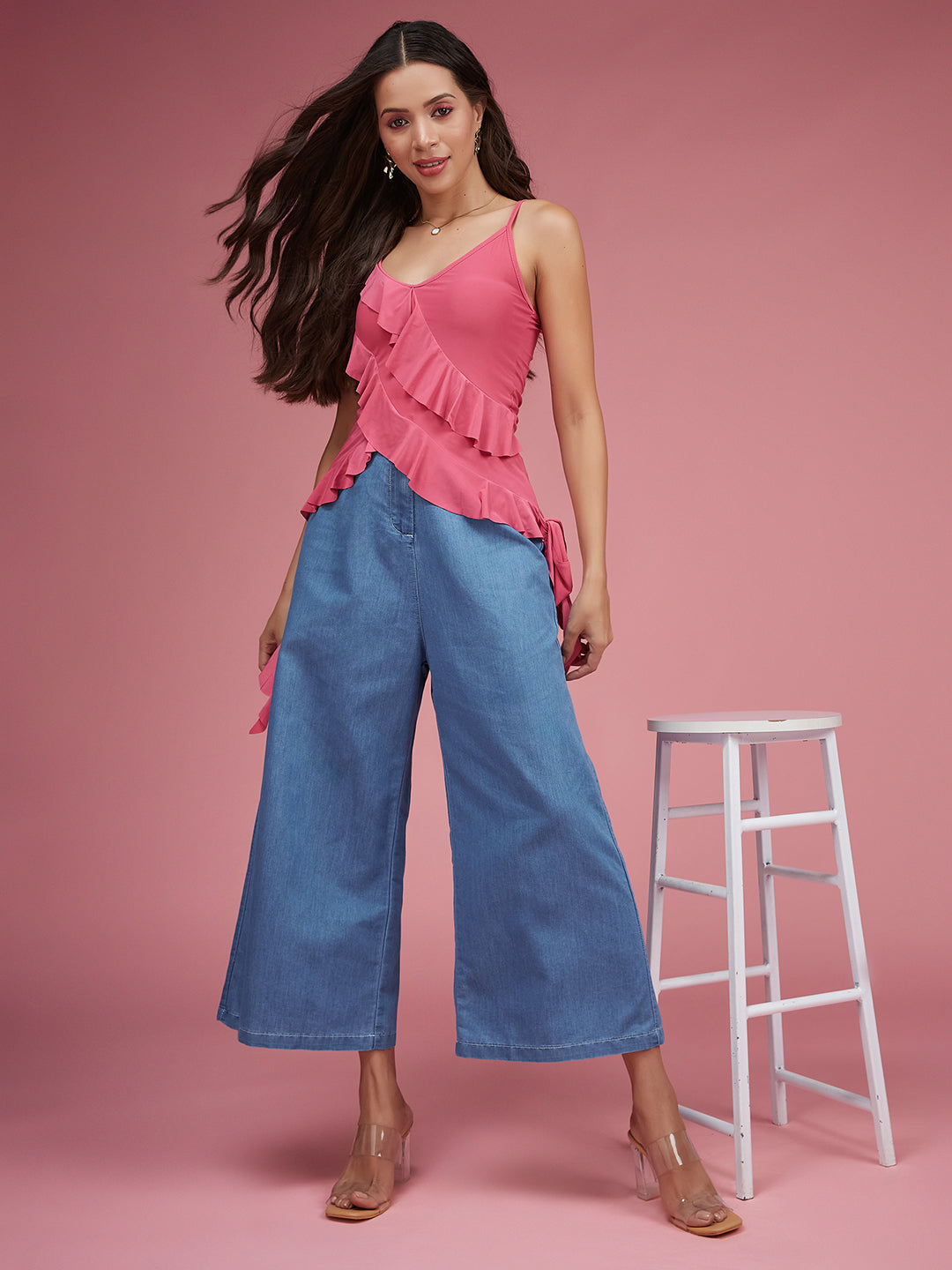 Women's Blue Flared Wide-Leg High-Rise Non Stretchable Light Weight Denim Culottes Pants
