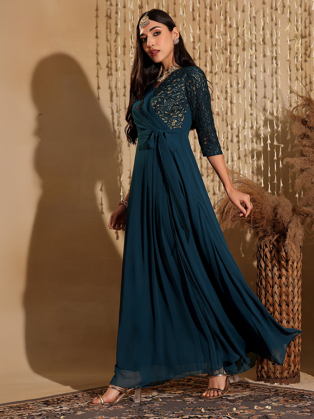 Women's Teal V-Neck 3/4 Sleeve Self-Designed Wrap-Styled Georgette Maxi Dress