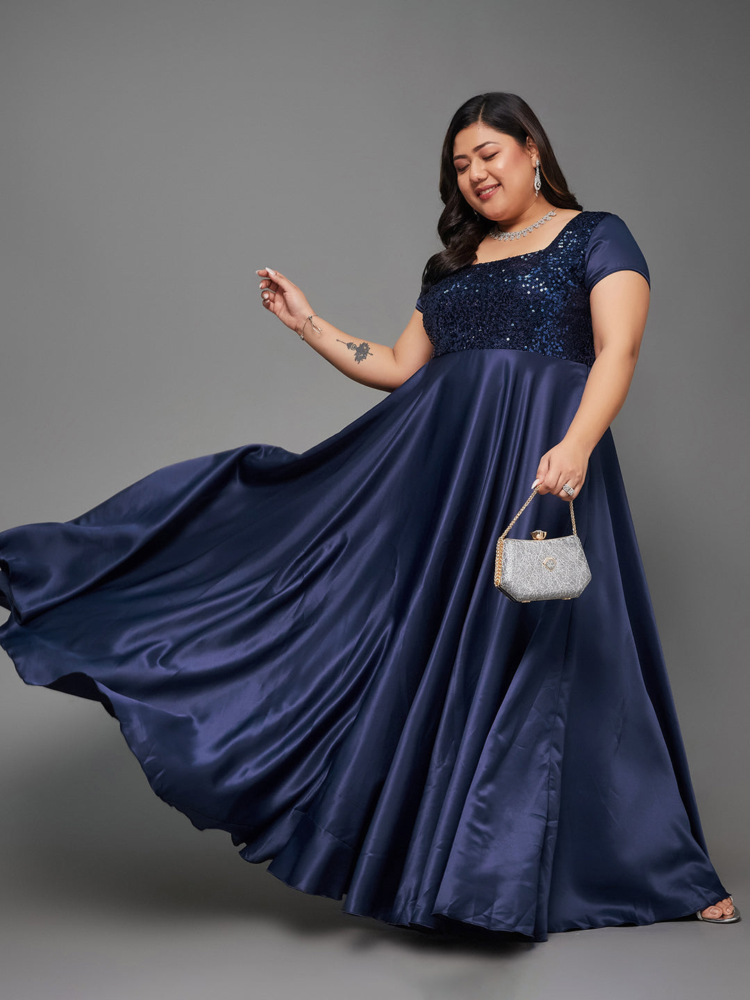 Body Bliss Navy Blue Embellished Fit & Flare Maxi Dress