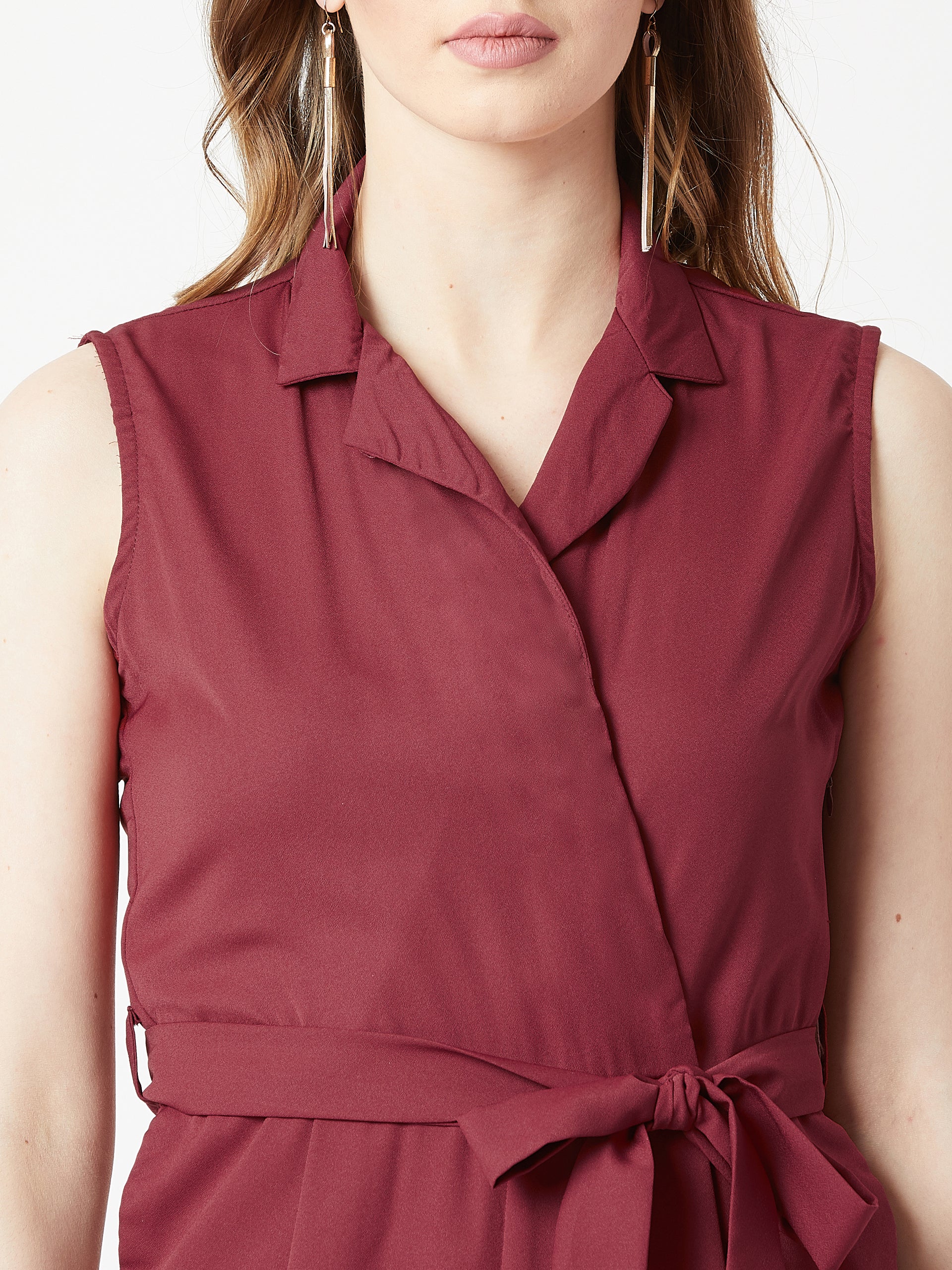 Women's Maroon V-Neck Sleeveless Straight Leg Tie-Up Solid Belted Wrap Jumpsuit