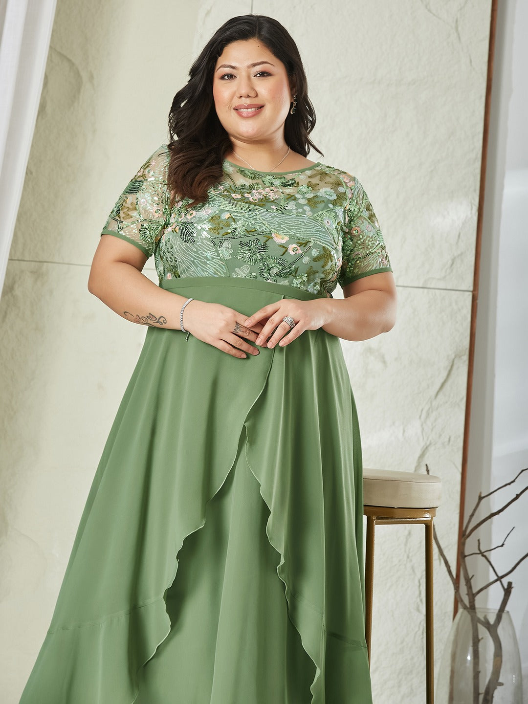 Light Green Embellished Layered Georgette Midi Dress for Women