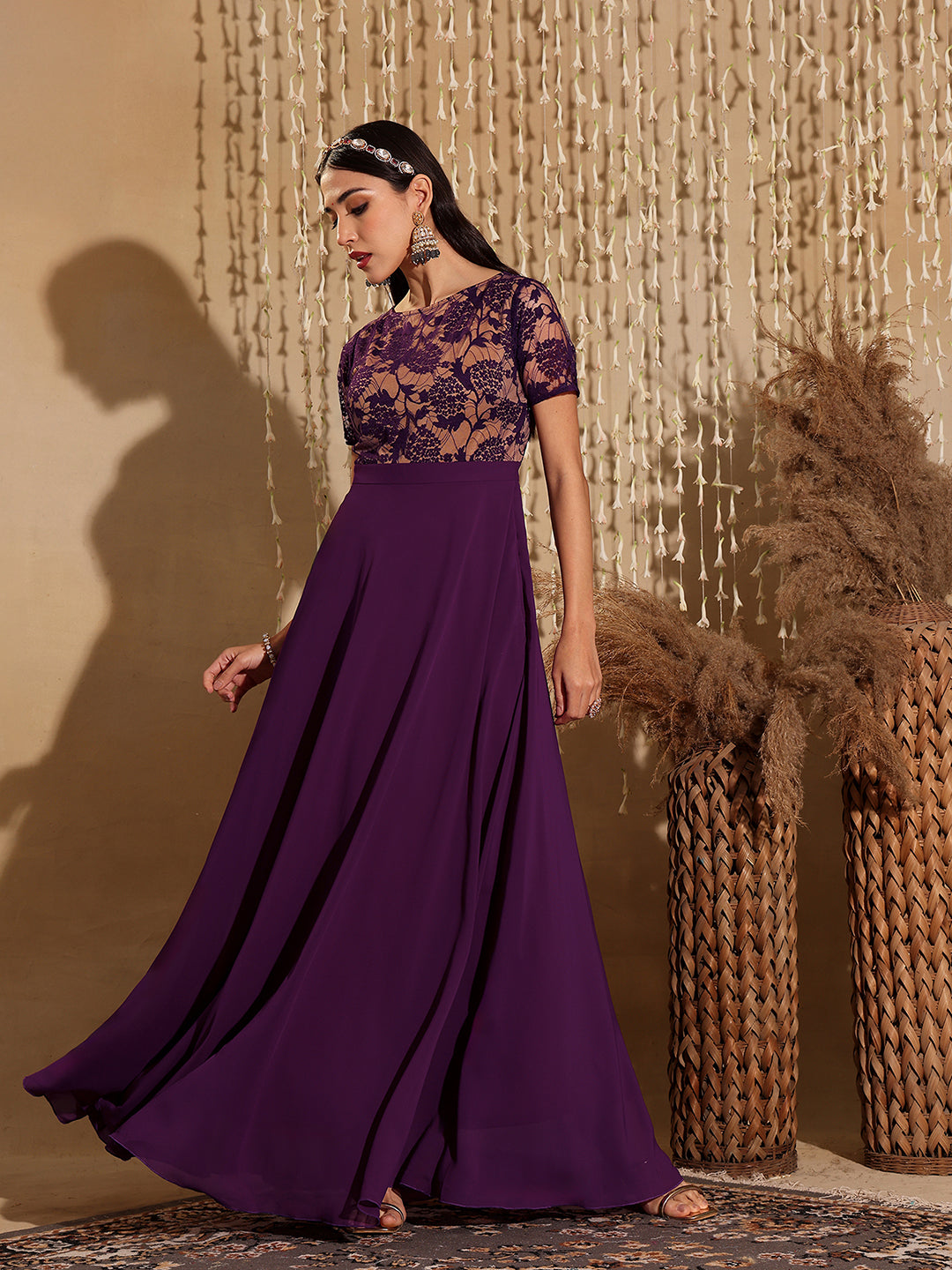 Women's Dark Purple Round Neck Half Sleeve Self Design Fit & Flare Georgette Maxi Dress