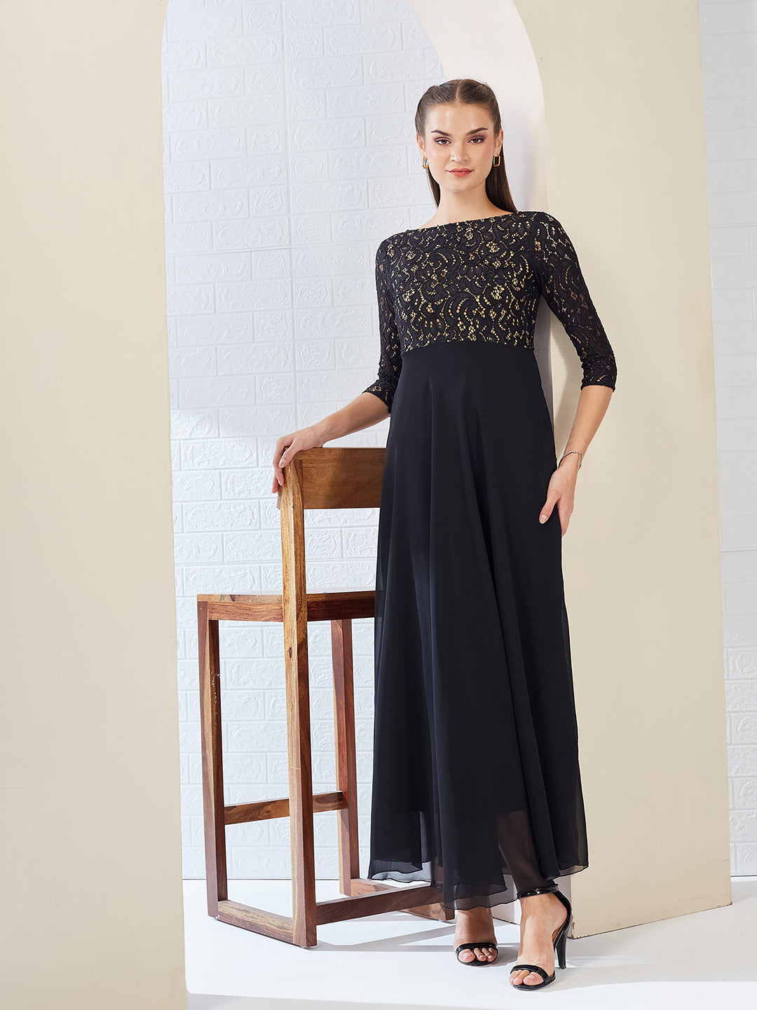 Black Self Design Boat Neck 3/4 Sleeves Side Pocketed Georgette Fit and Flare Maxi Length Dress for Women
