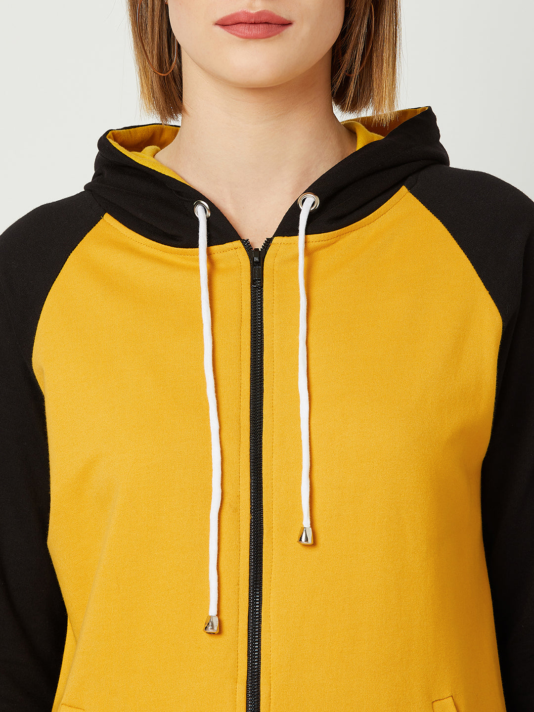 Women's Multicolored- Base- Mustard Yellow Hooded Full Sleeves Loop knit, Rib Solid Color-Block/Raglan Regular Length Jacket