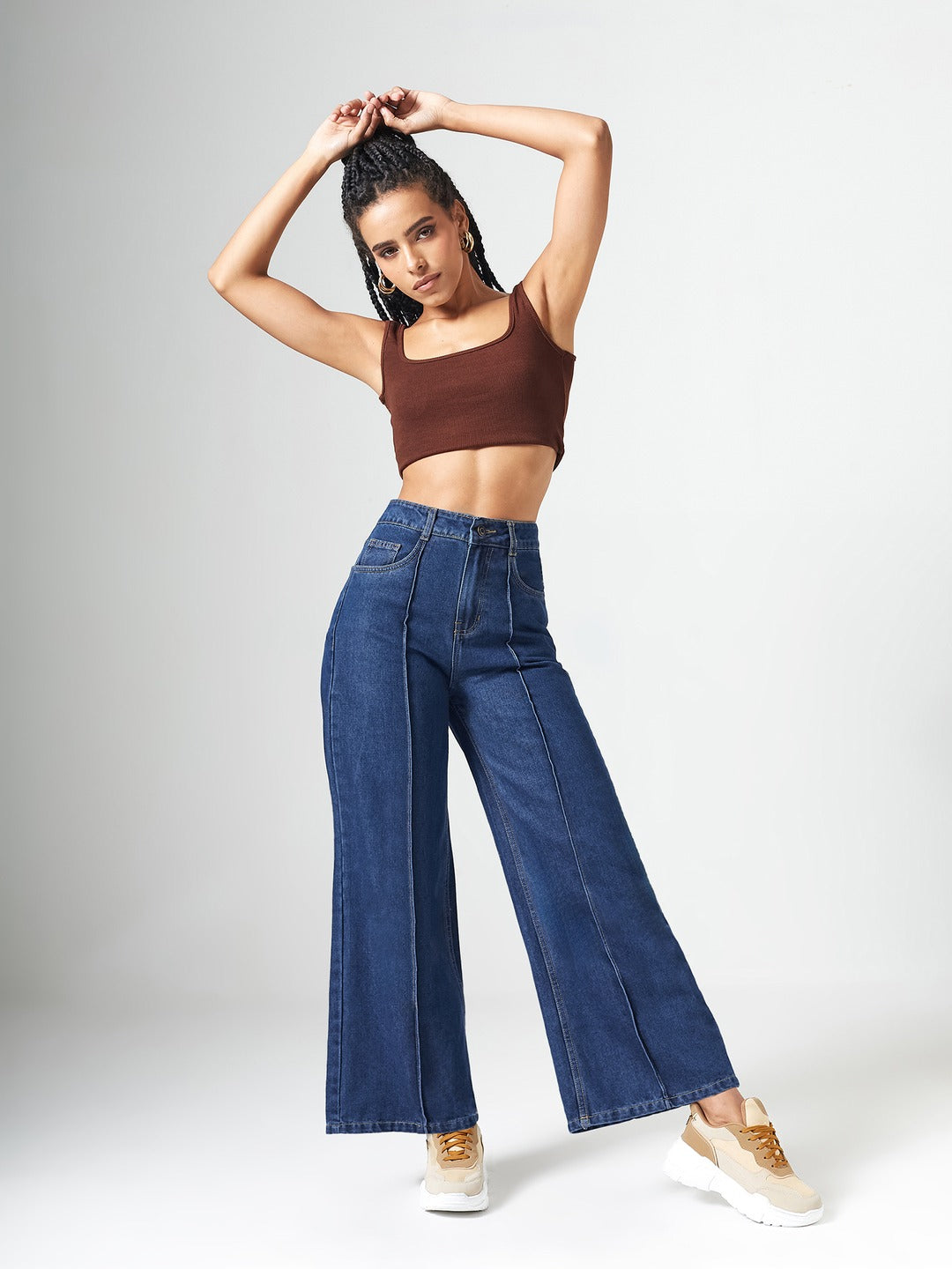 Navy Blue Wide-Leg High-Rise Clean-Look Regular-Length Non-stretchable Denim Jeans for Women