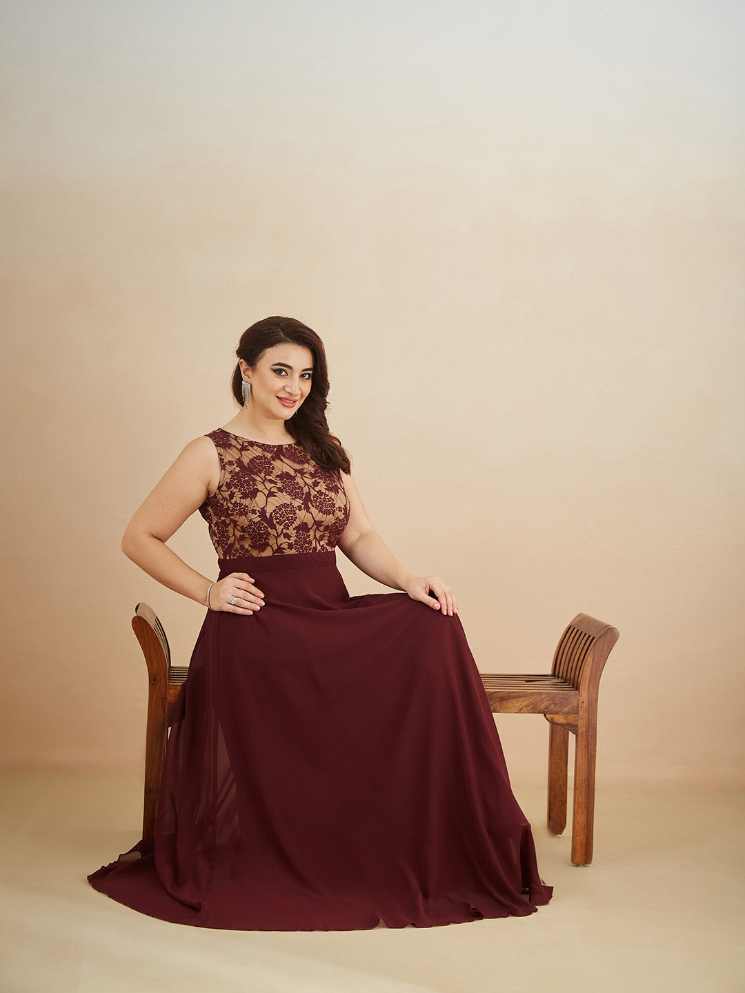 Beige & Wine Round Neck Sleeveless Georgette Floral Lace Fit & Flare Maxi Dress for Women — Miss Chase A+