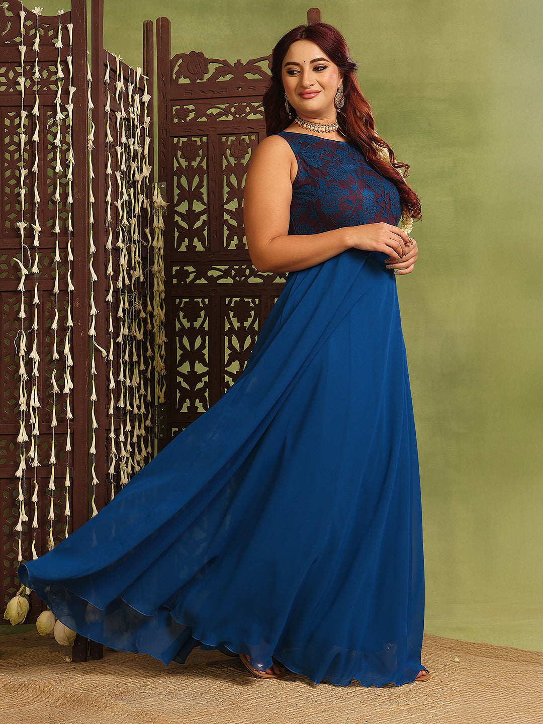 Women's Royal Blue Sleeveless Georgette Floral Lace Fit & Flare Maxi Dress