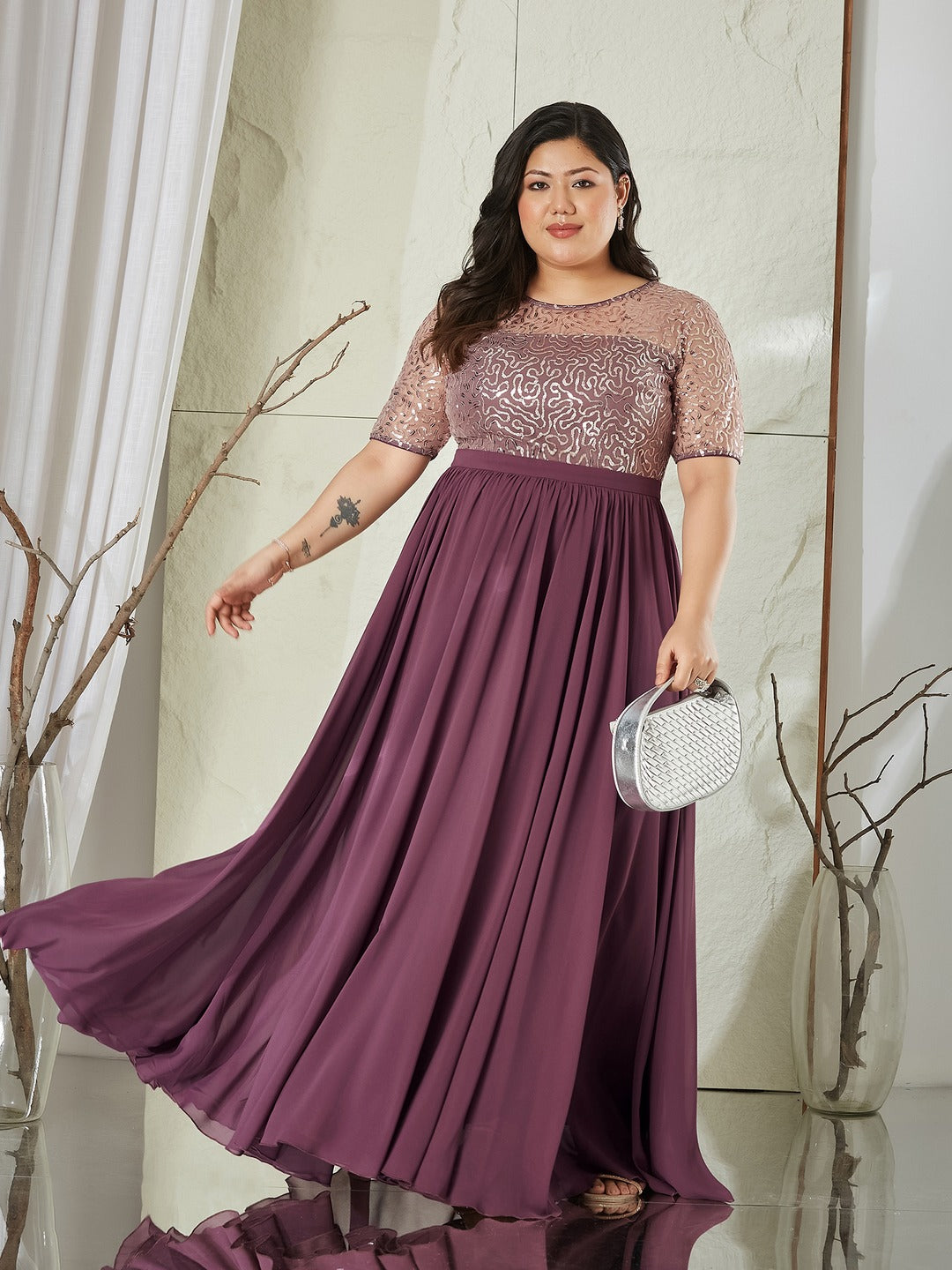 Mauve Relaxed Fit Maxi Georgette & Sequins Dress for Women