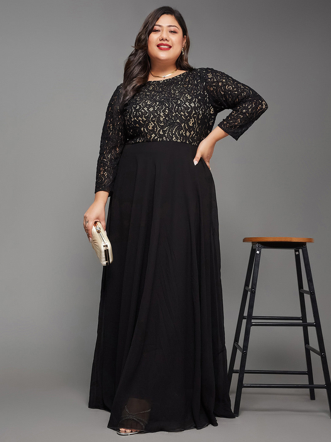 Black Boat Neck Lace Fit and Flare Maxi Dress for Women