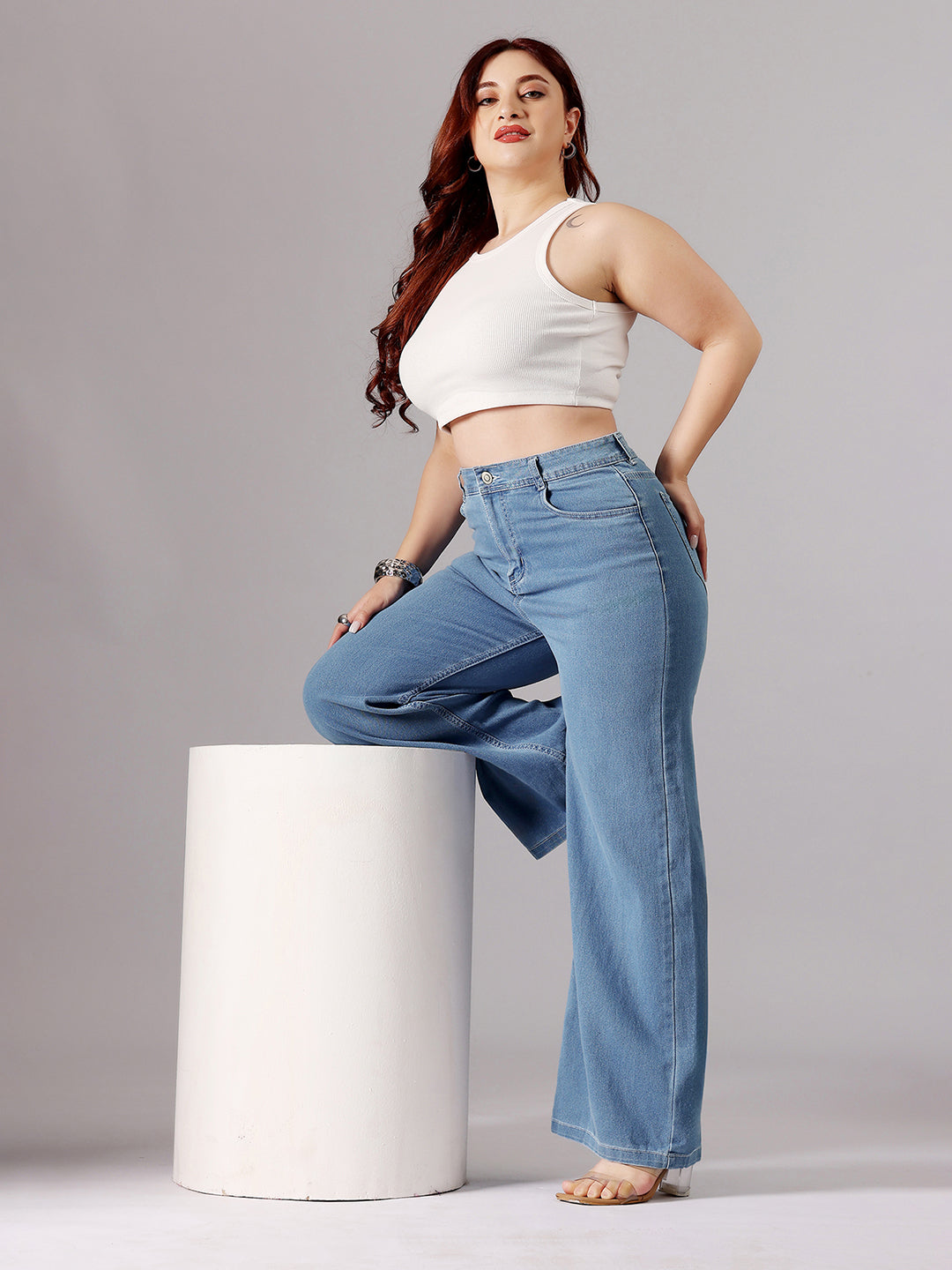 24/7 Comfort Blue Wide-Leg High-Rise Clean-Look Regular-Length Stretchable Denim Jeans